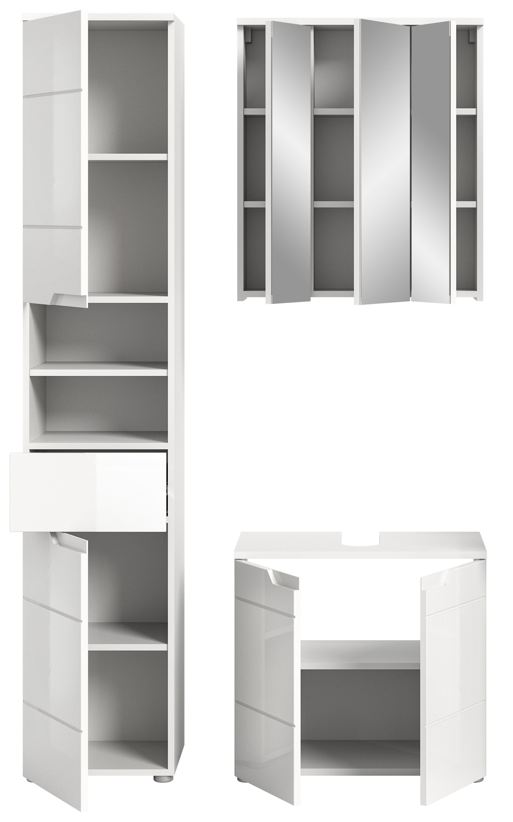 INOSIGN Badmöbel-Set »CAPRI, 3-teilig, mit eingefasster Griffmulde, bestehend aus:«, Hochschrank, Waschbeckenunterschrank und Spiegelschrank