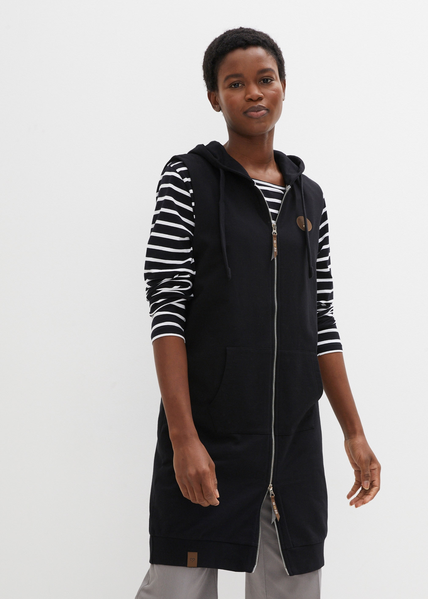 bonprix Sweatweste lange Weste mit Kapuze, Baumwoll-Mischung, 2-Wege-Zipper günstig online kaufen