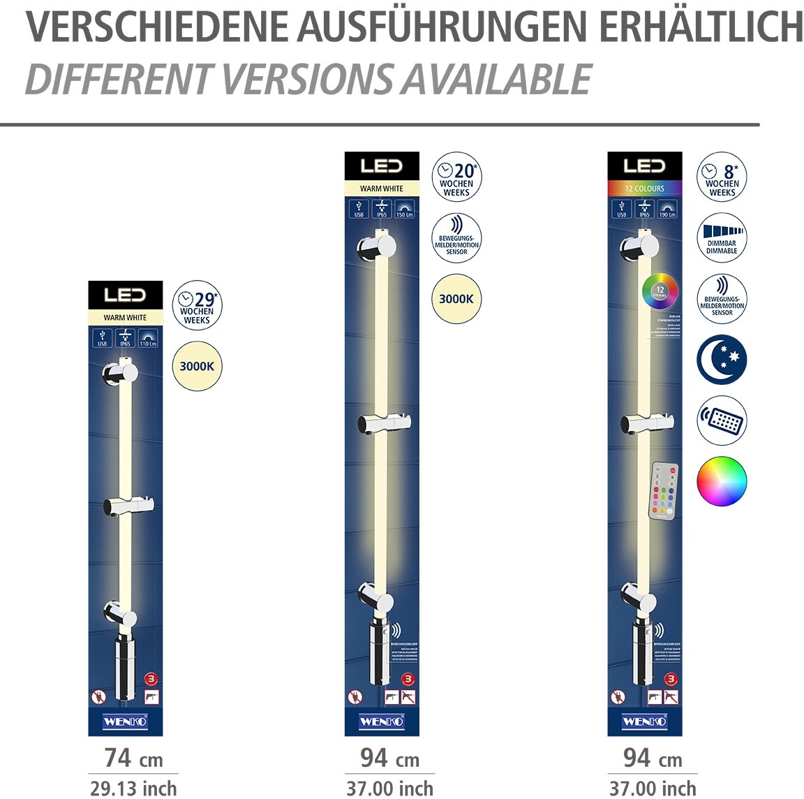 WENKO Duschstange »Brausestange mit LED Beleuchtung«, RGB-Farbwechsel und Warmweiß, inkl. wiederaufladbarer Einheit