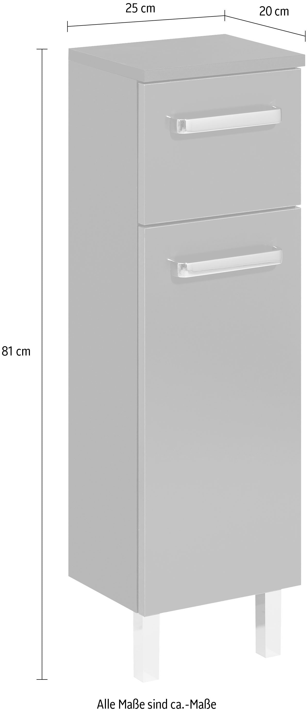 Saphir Unterschrank »Quickset Badschrank mit 1 Tür, 1 Schublade, 25 cm breit«, Badezimmer-Unterschrank inkl. Türdämpfer, Griffe in Chrom Glanz