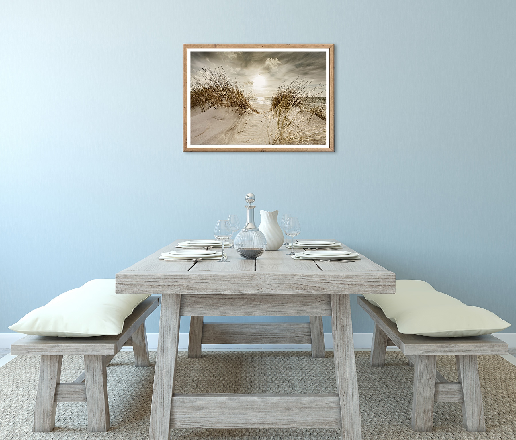 Bönninghoff Bild mit Rahmen »Wandbild gerahmt STRANDSONNE 50x70 cm – Maritime Wanddeko Dünen« Düne | Gräser | Küste | Landschaft | Meer | Natur | Sonnenaufgang & -untergang | Strand 1 Stk. tlg. mit dekorativem Rahmen