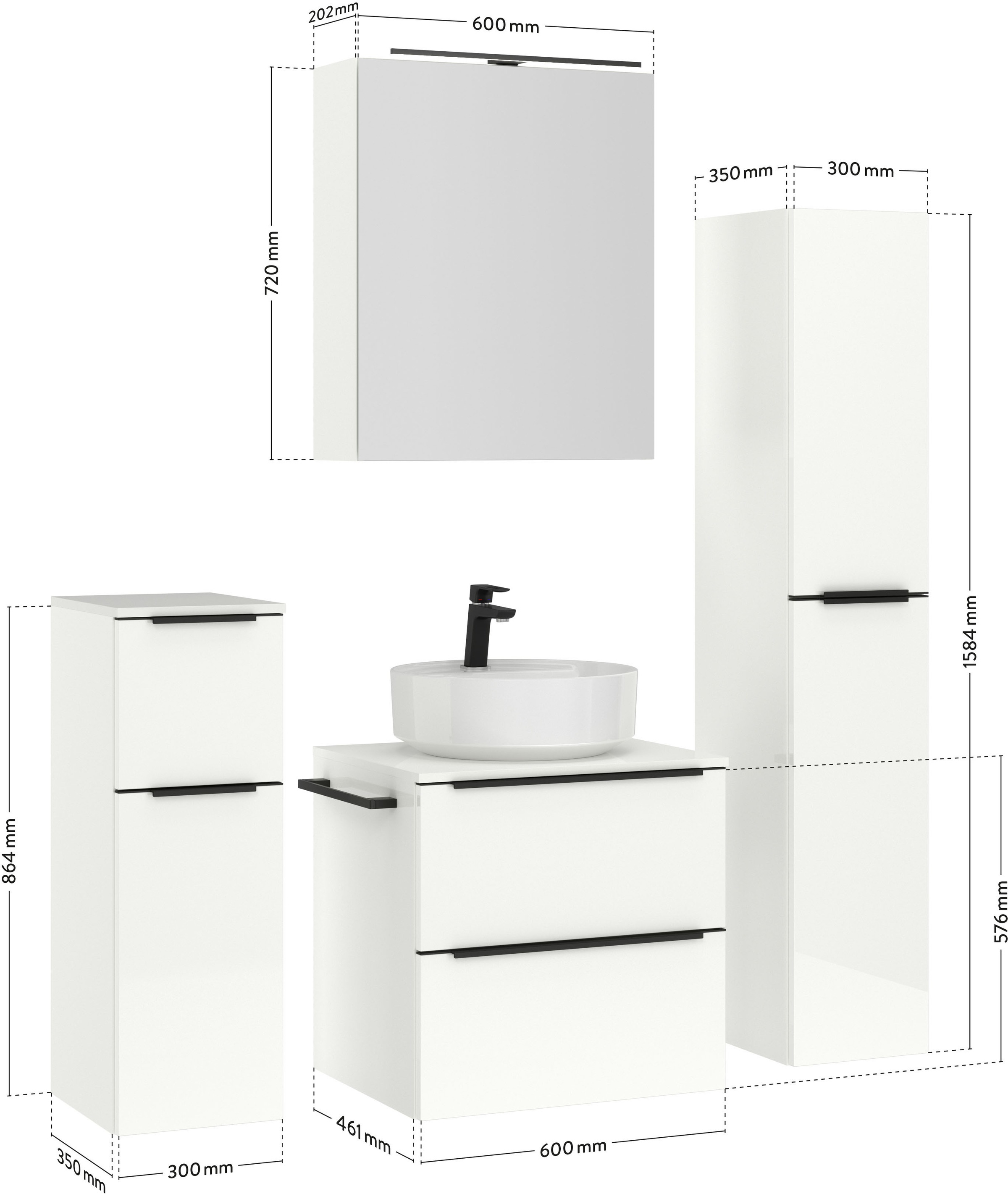 nobilia® Badmöbel-Set »Alvene«, (4 St., vormontiert, mit Soft-Close), inkl. Spiegelschrank mit Beleuchtung und Dimmerfunktion, in 4 Breiten
