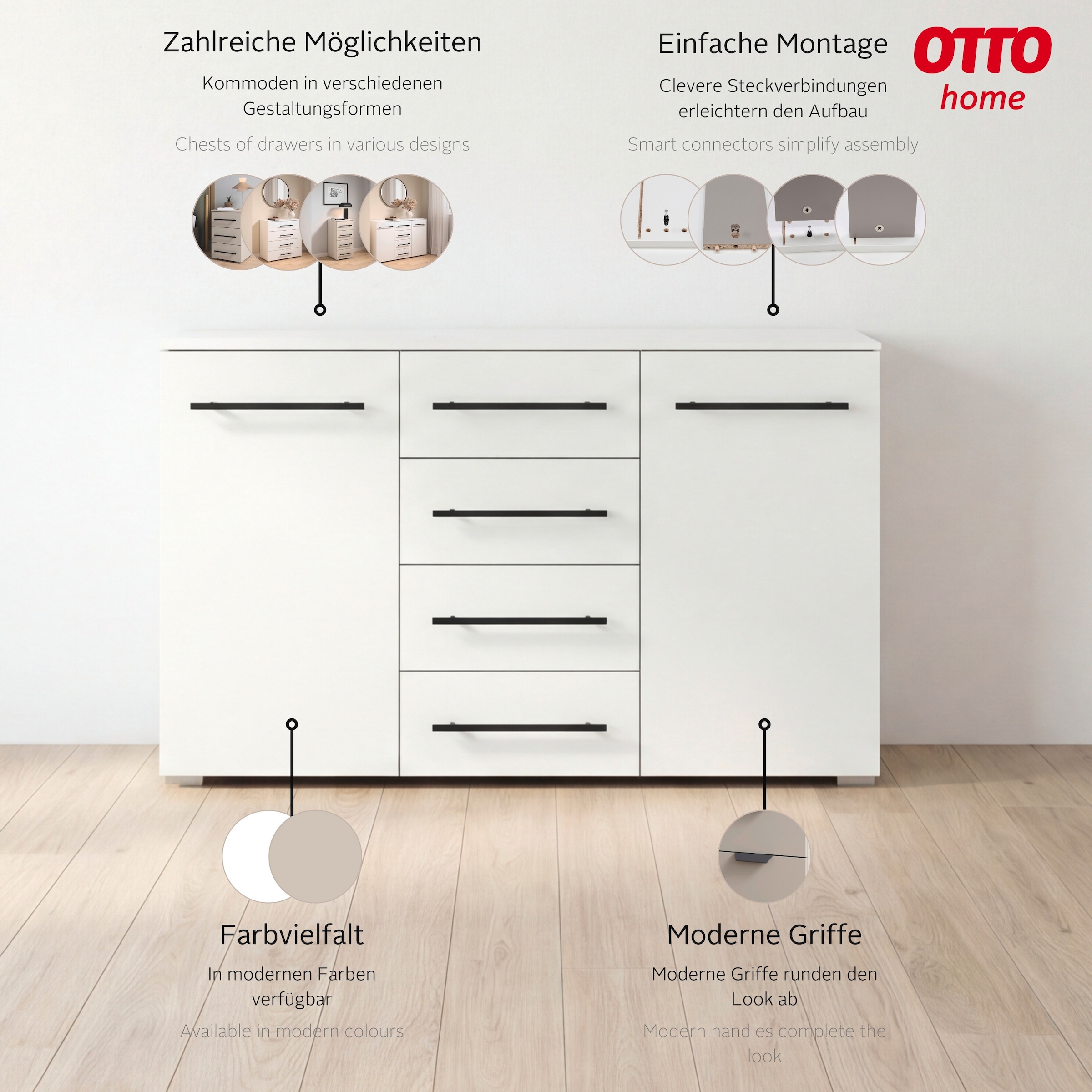 OTTO home Kombikommode »Sideboard Türkommode Schubladenkommode Kommode RONDO« Breite 120 / Höhe 81 cm, 4 Einlegeböden,  mit 4 geräumigen Schubladen Metallgriff in Schwarz MADE IN GERMANY