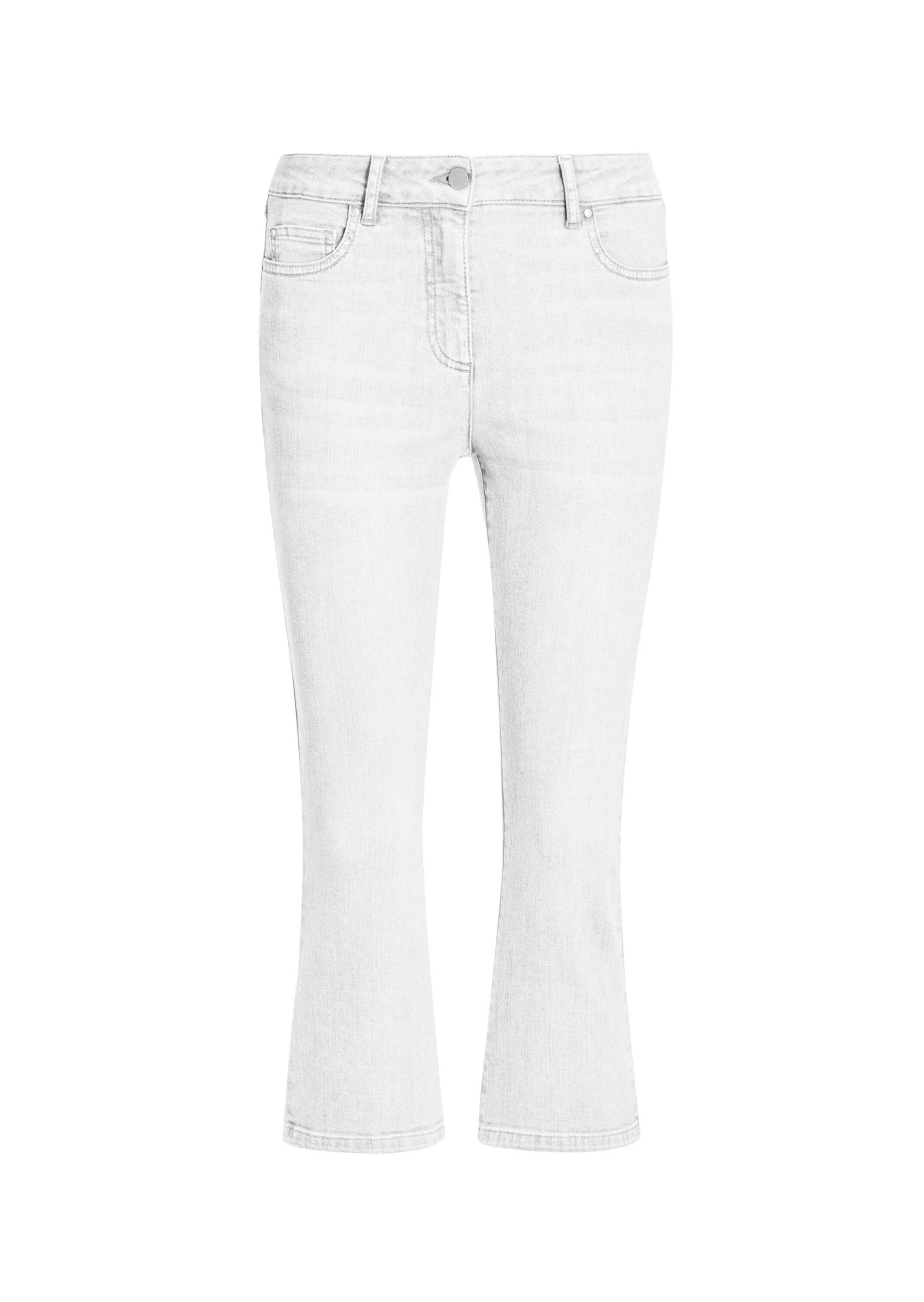 2-in-1-Hose GOLDNER "Kurzgröße Verkürzte Jeanshose mit ausgestelltem Saum", Damen, Gr. 24, K-Gr, weiß, Obermaterial: 97% Baumwolle CO. 3% Elasthan EL., Hosen