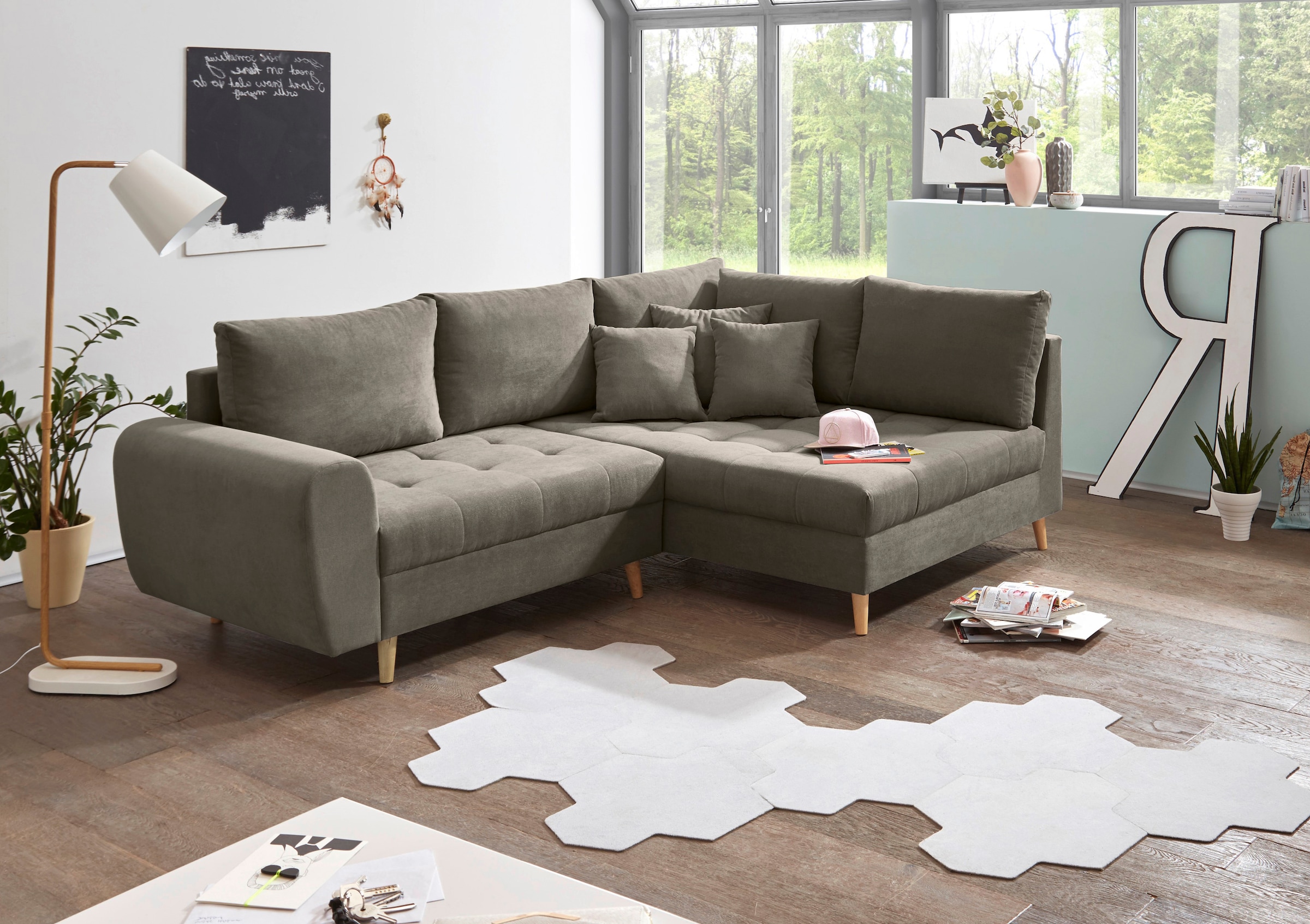 ED EXCITING DESIGN Ecksofa »Alice L-Form«, (Set), mit Hocker, Rückenkissen, Zierkissen, frei im Raum stellbar