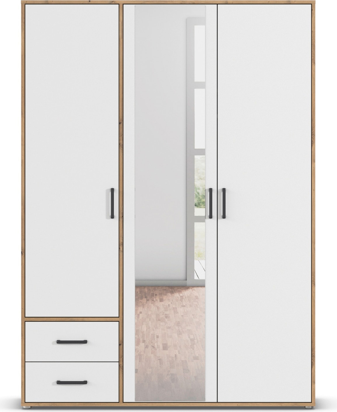 rauch Drehtürenschrank »Kleiderschrank Schrank Garderobe Wäscheschrank VOYAGER«, (in 3 verschiedenen Ausstattungen BASIC/CLASSIC/PREMIUM), mit modernen Griffen in Graumetallic, inkl. Schubkästen und Spiegel