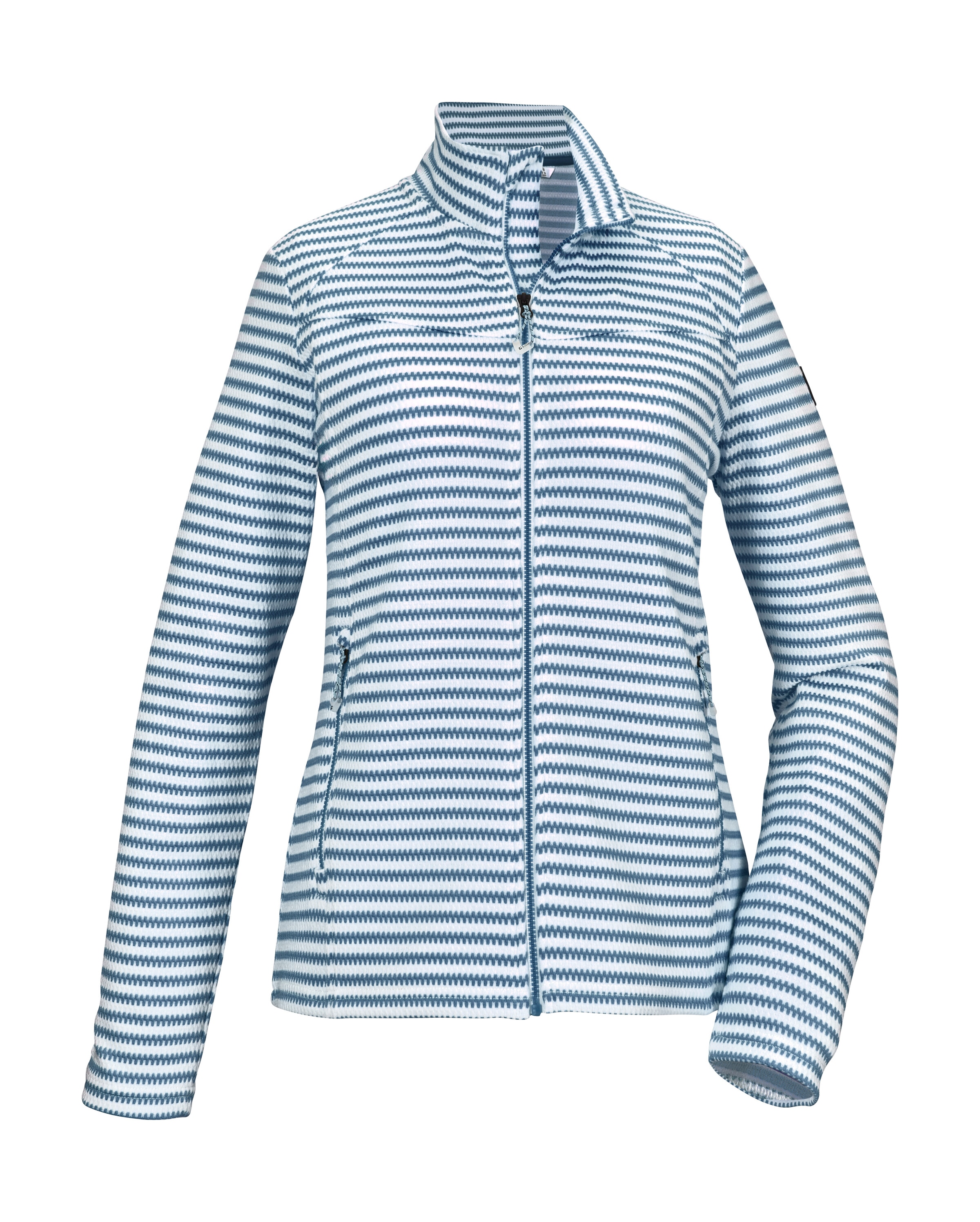 Strickjacke KILLTEC "KOS 50 WMN FLX JCKT", Damen, Gr. 44, ocean, Obermaterial: 95% Polyester, 5% Elasthan, Strickjacken Strickjacke, Streifendesign, elastisch, Kinnschutz, Zippertaschen