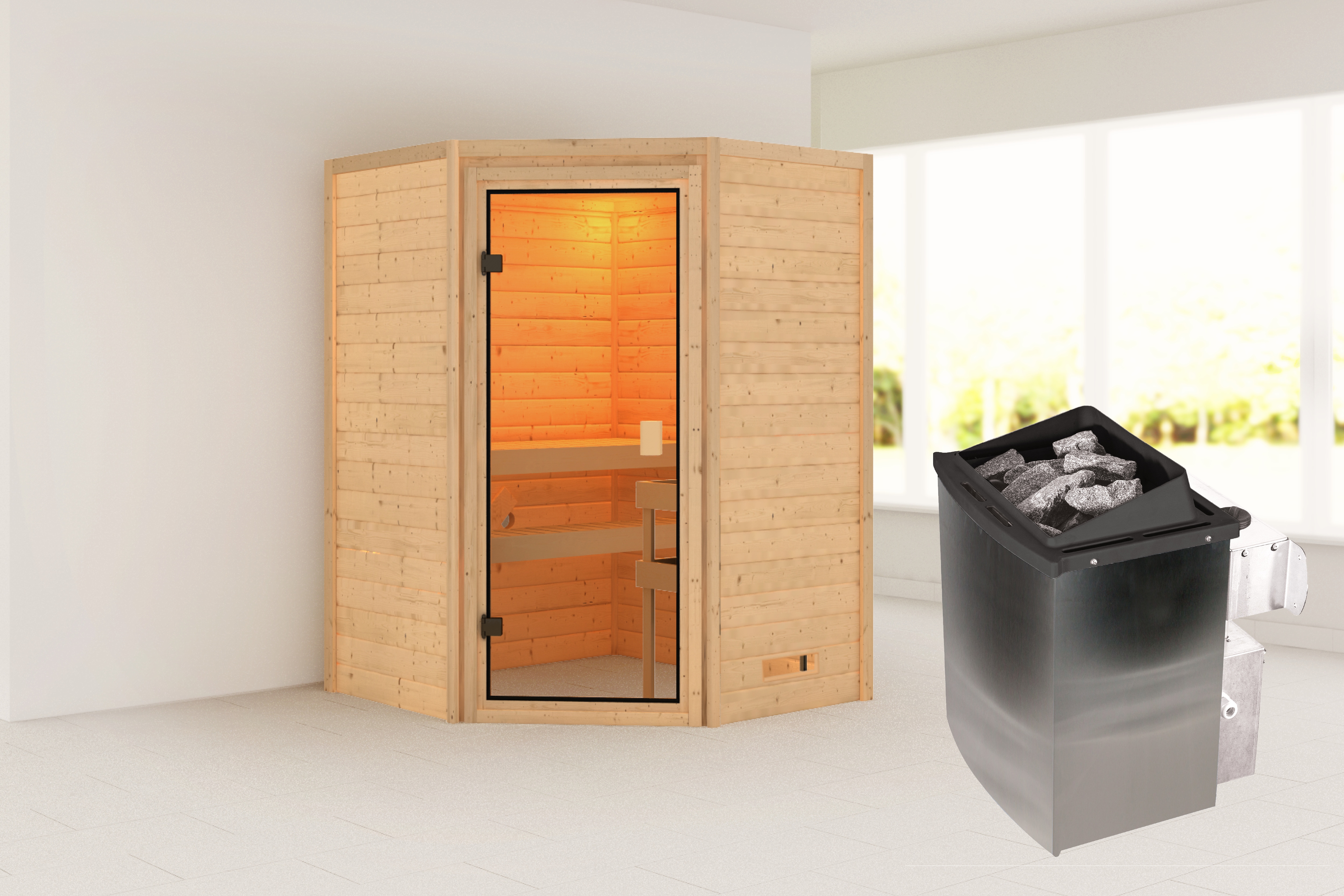Karibu Sauna ""Anni" mit bronzierter Tür SET, naturbelassen, mit Ofen 9 kW" aus hochwertiger nordischer Fichte