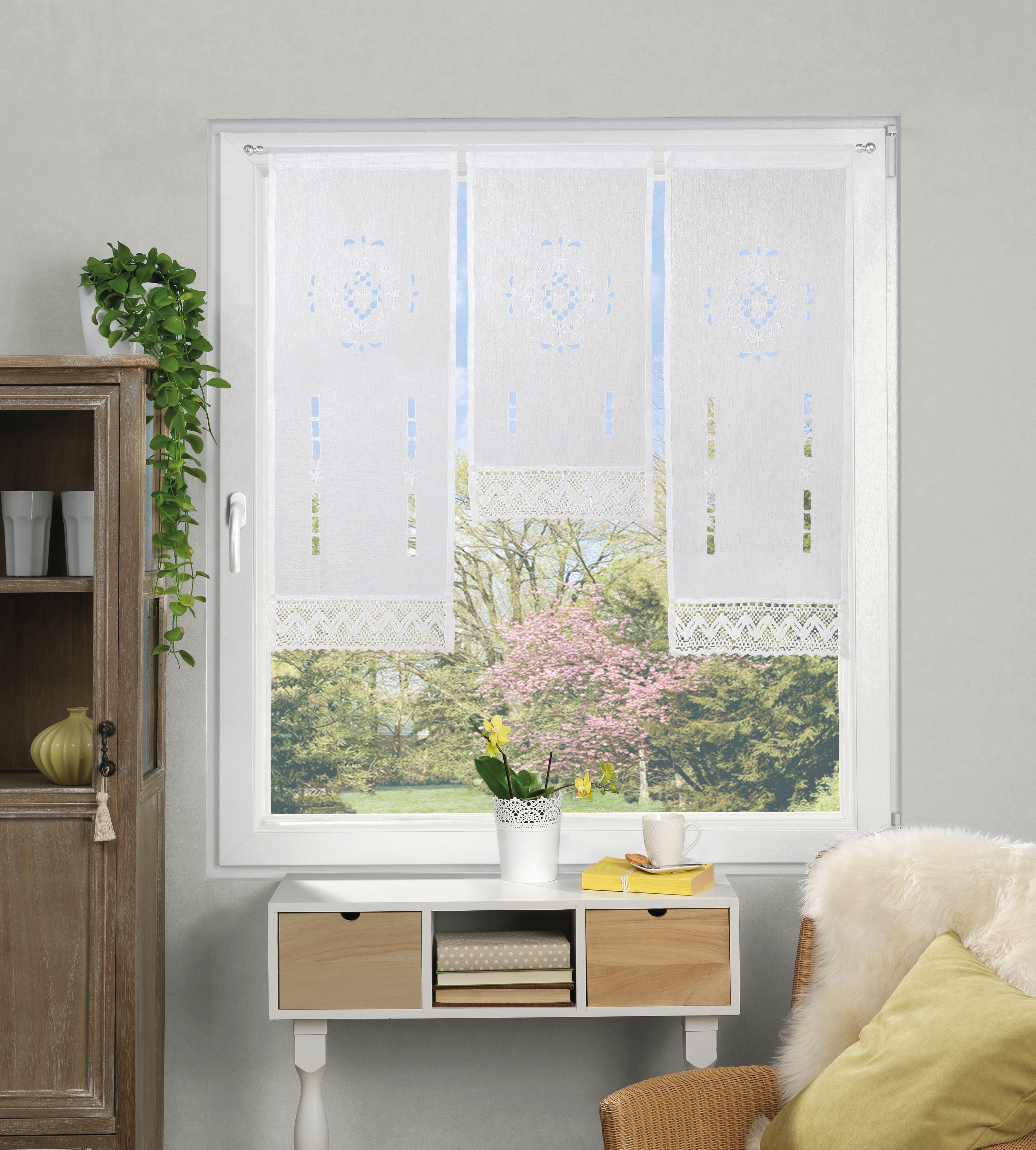 HOME WOHNIDEEN Vorhang "ALEGRA" Stangendurchzug 3 Stk. tlg. 3 teiliger Fensterbehang bestickt