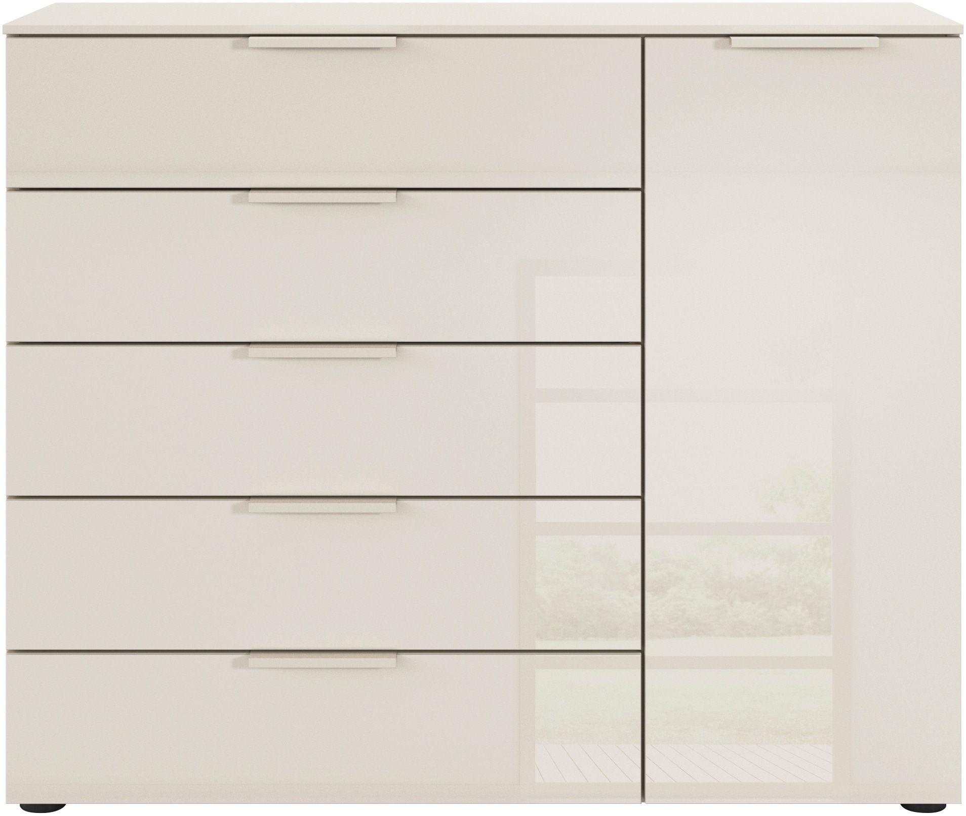 rauch Schubkastenkommode »Kommode Türkommode Sideboard Kombikommode FLIPP mit Glasfront«, (Breite 120 cm mit 2 Einlegeböden), 1-türig mit 5 Schubladen und Soft-Close-Funktion sowie Glasfront