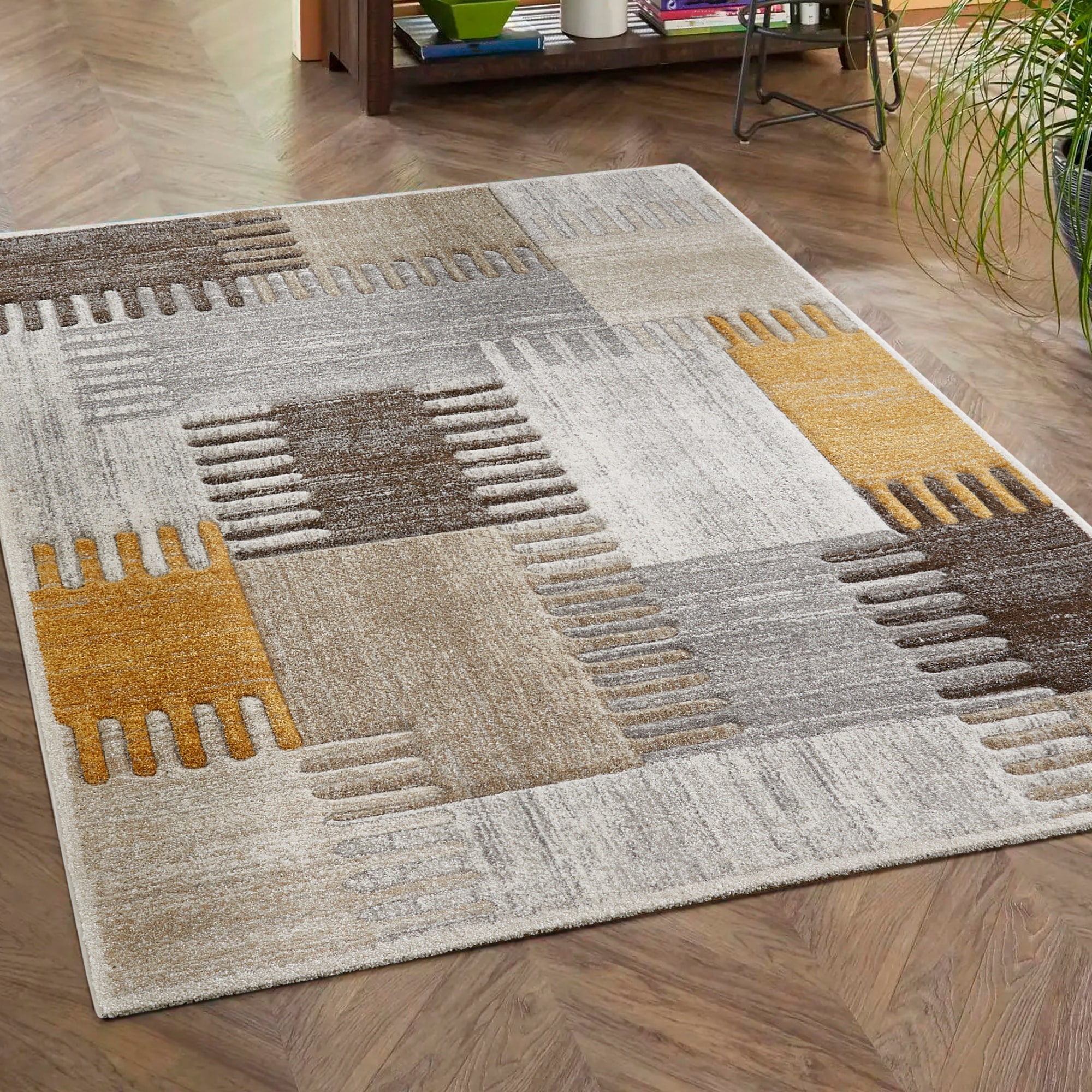 Teppich LUXOR LIVING "Toronto", gelb (gelb,grau), B:80cm H:12mm L:150cm, Obermaterial: 100% Polypropylen, Teppiche, Teppich, Kurzflor, modernes Patchwork-Design, Hoch-Tief Struktur, Wohnzimmer