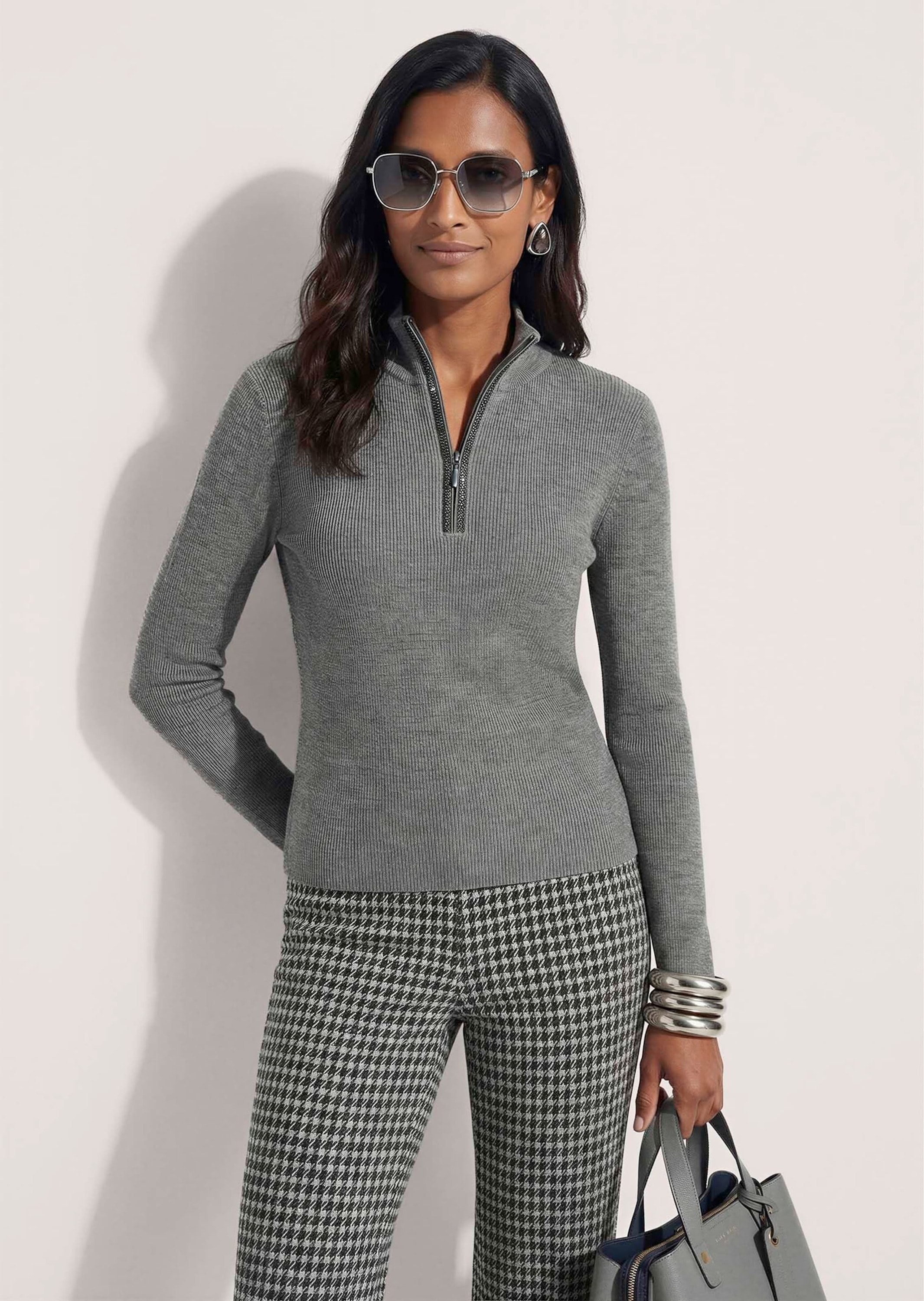 MADELEINE Longpullover »Pullover Troyer mit Stehkragen und Zipper«