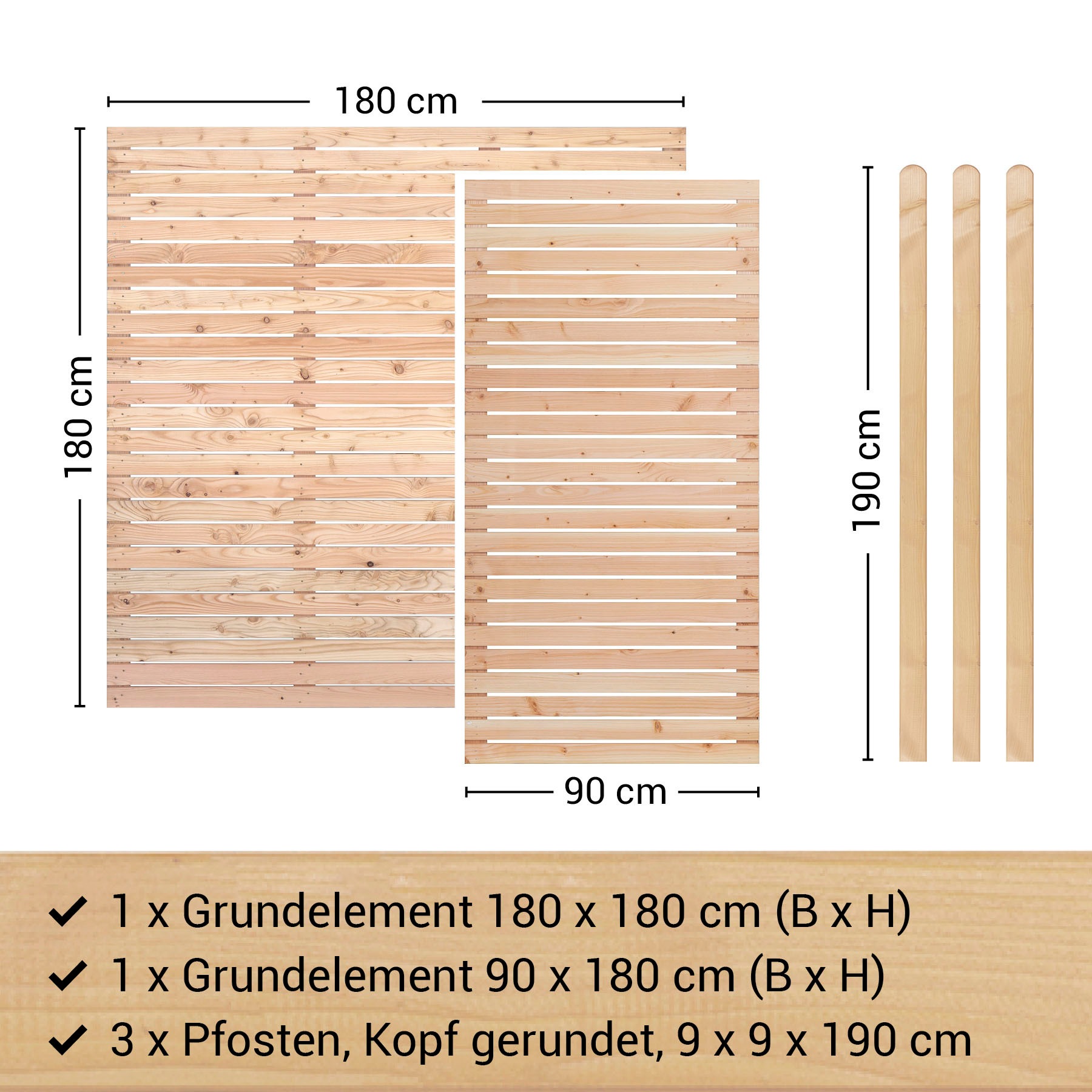 BM Massivholz Zaun »Kurt Set 1.1«, 1 Element 180 x 180cm, 1 Element 90x180cm, 3 Pfosten, Länge 190cm