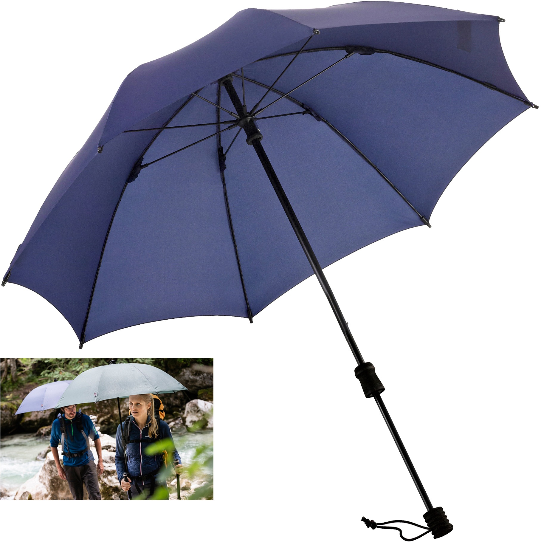 Stockregenschirm »Swing handsfree, marineblau«, handfrei tragbar