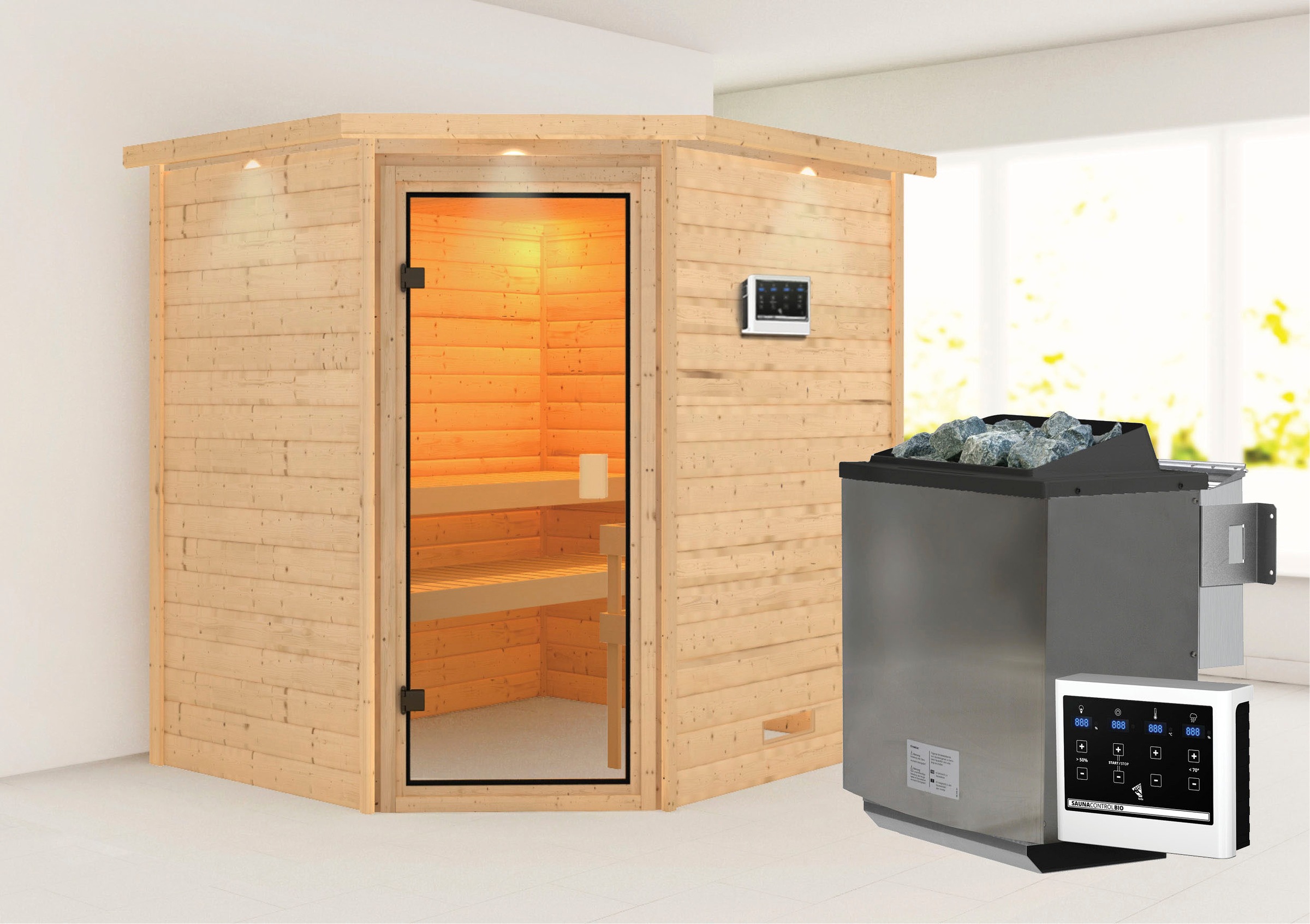 Karibu Sauna "Mia (Fronteinstieg)" Ofen 9 kW Bio externe Strg easy
