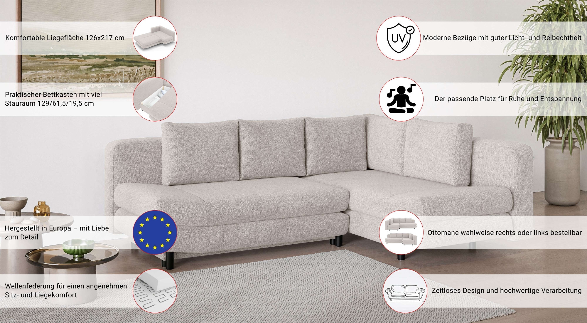 Home affaire Ecksofa »LENNARA Schlafsofa mit Bettkasten, Maße B/T/H: 234/179/85 cm«, L-Form mit Ottomane rechts/links, mit Wellenunterfederung