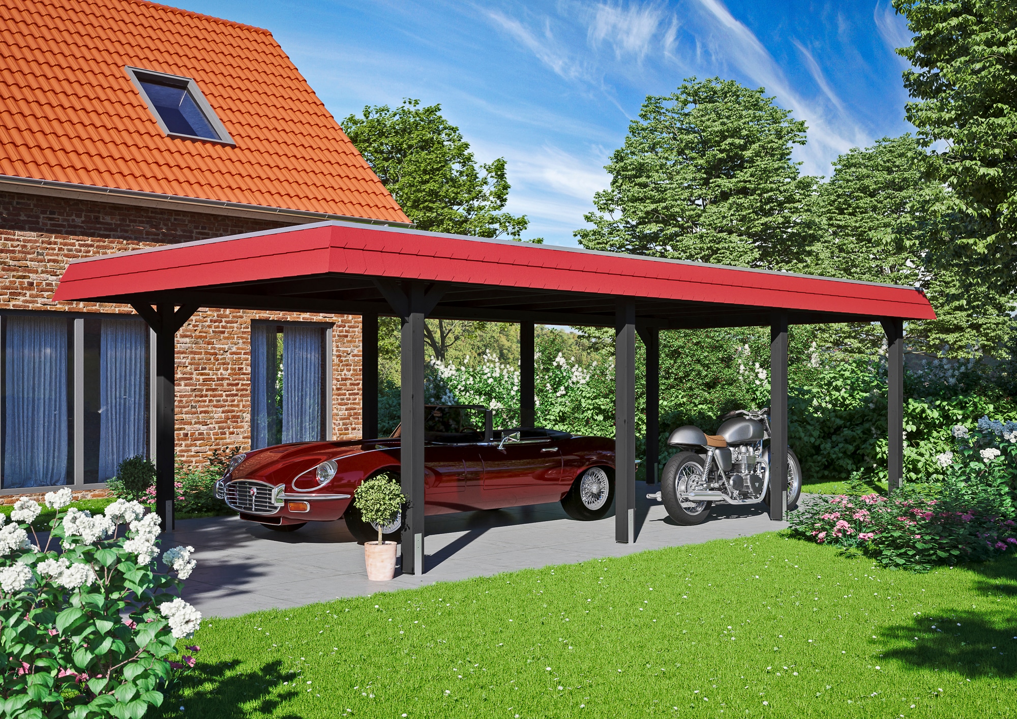 Skanholz Einzelcarport »Wendland«, Holz, 341 cm, Anthrazit, rote Blende