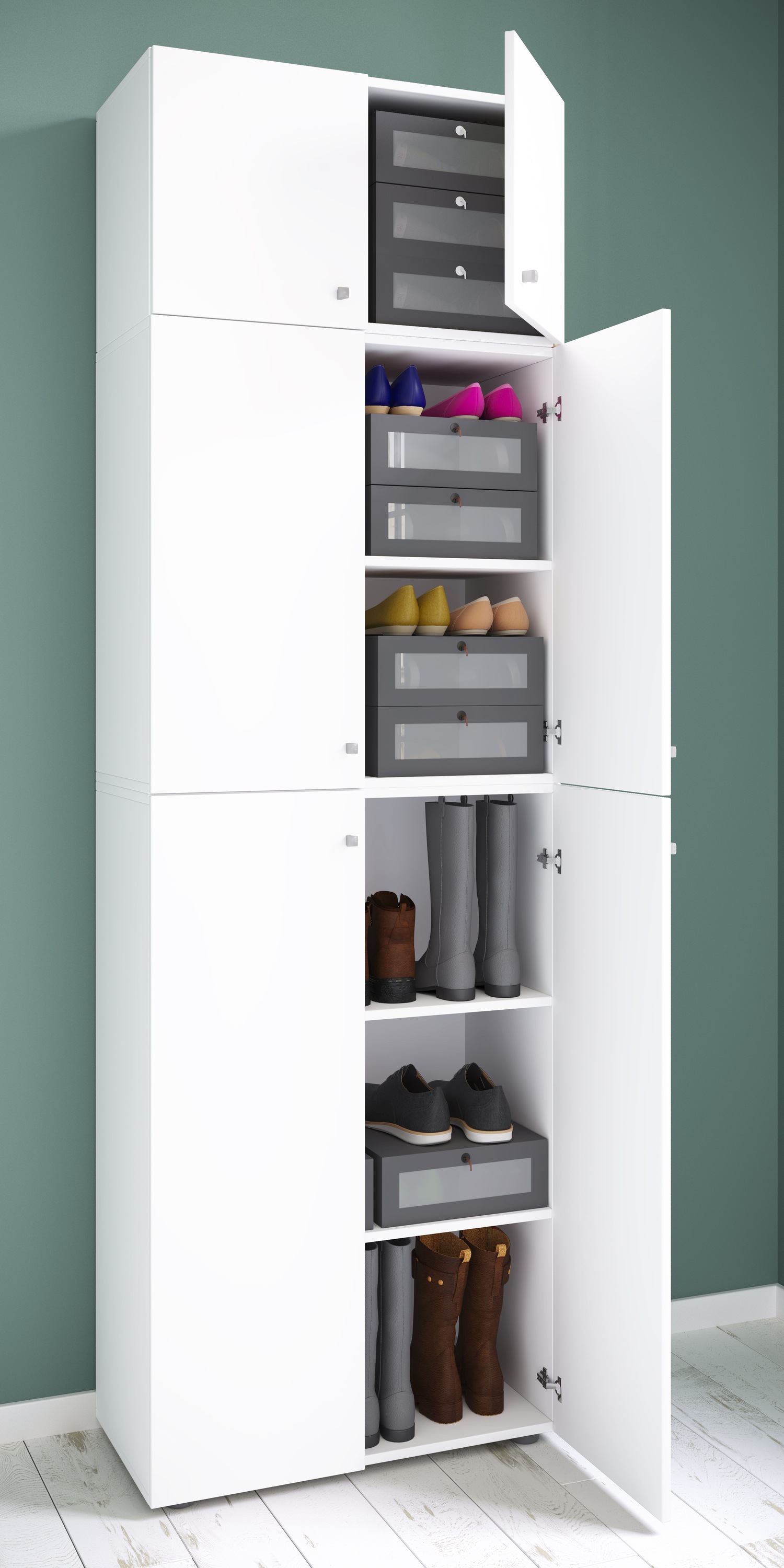 VCM Schuhschrank »VCM Holz-Schuhschrank | Maße: H. 223 x B. 70 x T. 39 cm| Allzweckschrank | 5 Fächer | 4 Drehtüren | Aufsatz mit 2 Türen¿ Lona«, (1 St.)