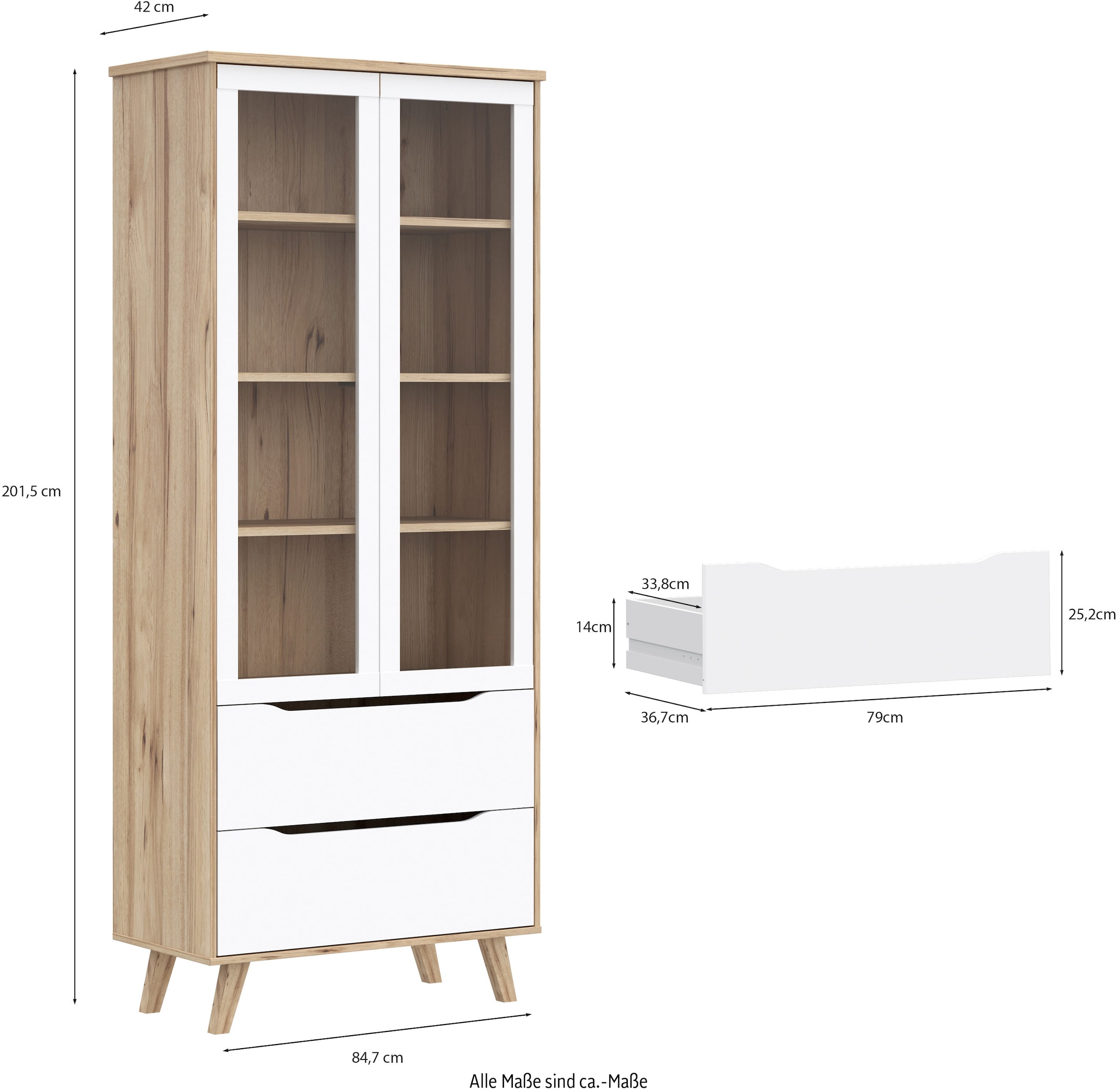 FORTE Vitrine »Vankka Stauraumvitrine«, (B/H/T 84,7/201,5/41,7 cm), 2 Glastüre, Grifflos, zeitloses Design, 2 Schubkästen