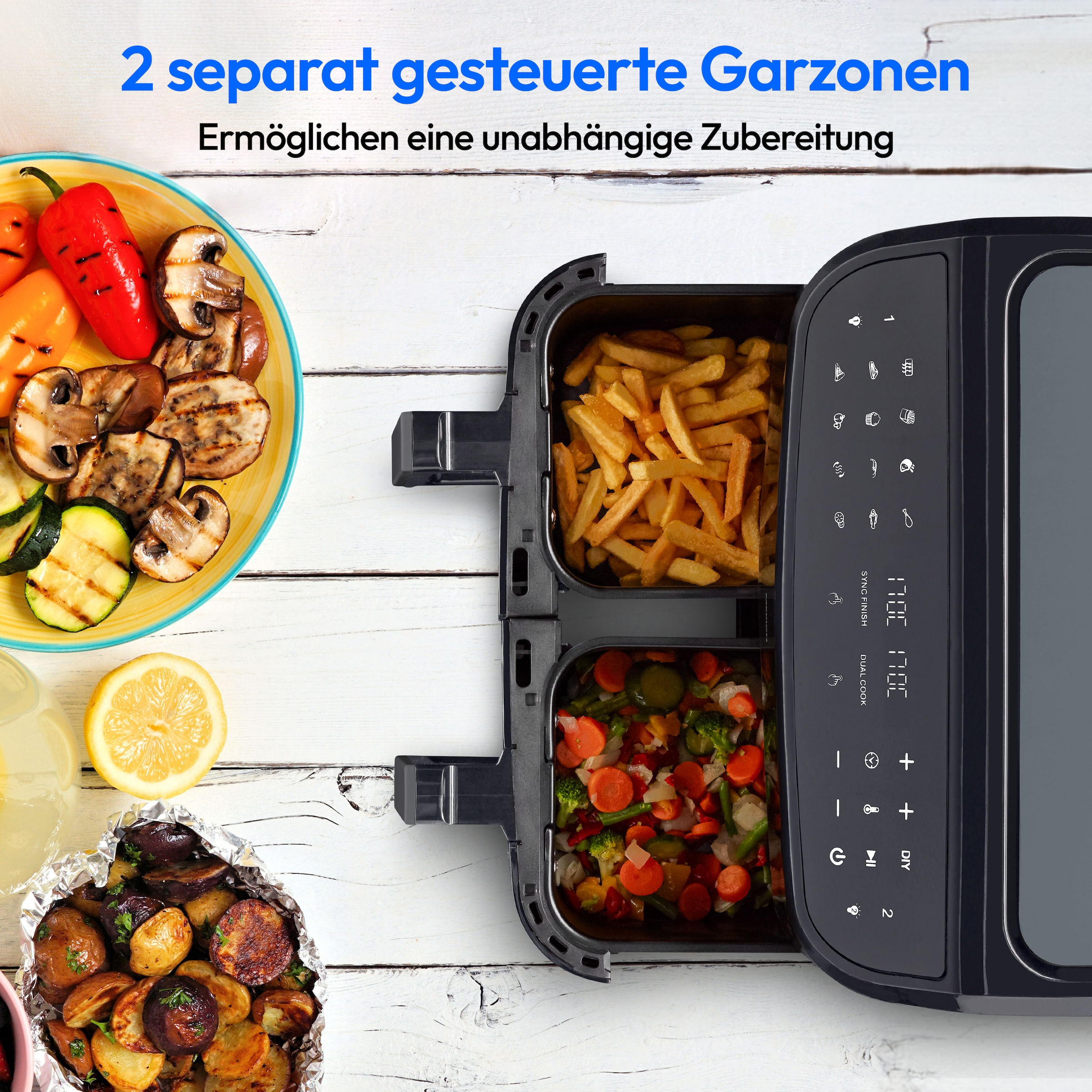 Medion® Heißluftfritteuse »P20 XL (MD 11760) 8,7 L Korbvolumen, 9 Automatikprogramme, Dual Cook«, 2400 W, Temperatur 50 - 200 °C, ILAG Beschichtung, Sync-Finish