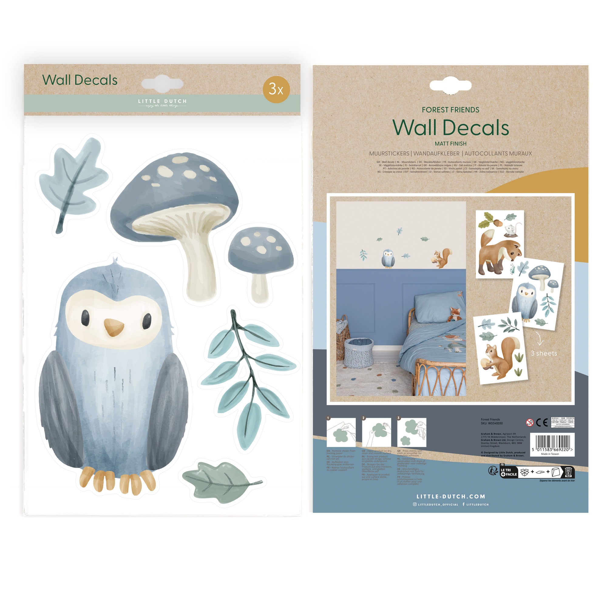 LITTLE DUTCH Wandtattoo »Wandsticker Set Forest Friends A4 (3x St.)«, (Set, 3 St.), 3x A4-Format