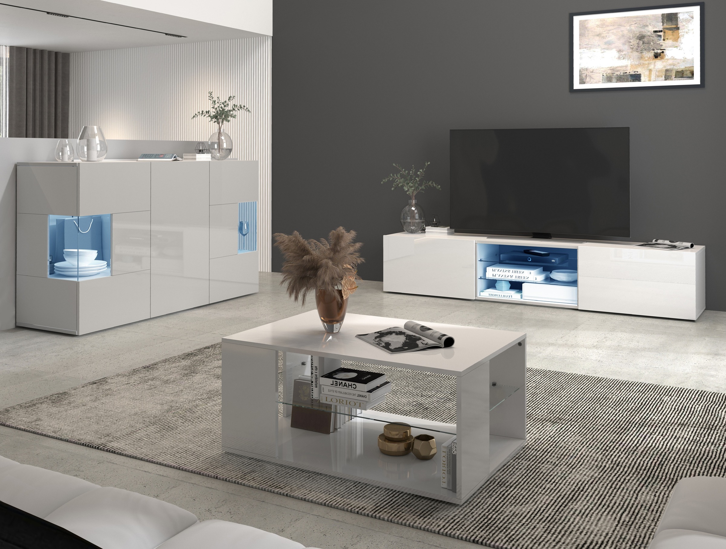 INOSIGN Sideboard »Egypt, Kommode, Schrank, Kredenz, Vitrine grifflos«, 3 Türen davon 2 mit Glaseinsatz, kompl. Hochglanz lackiert Breite 135