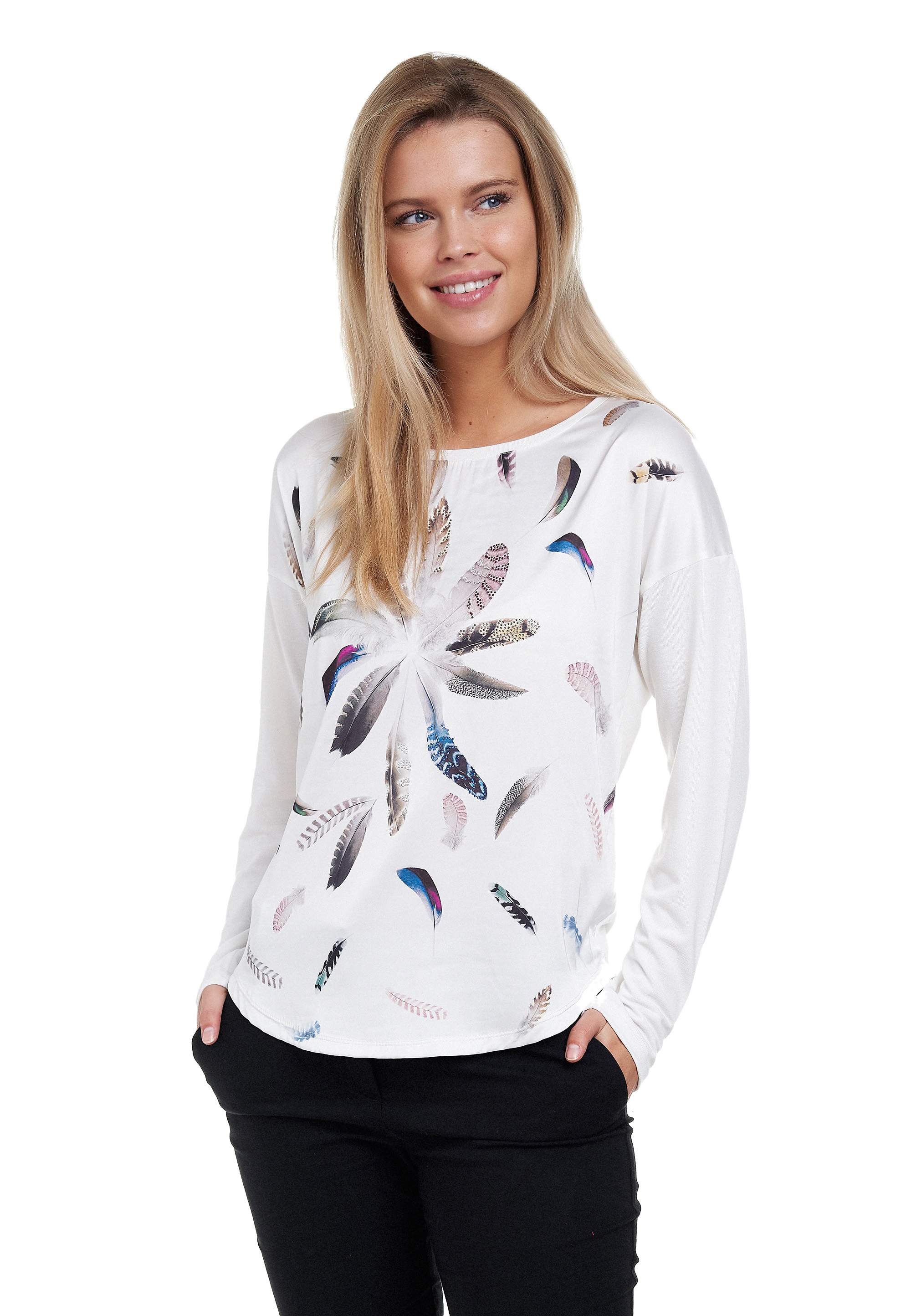 Decay Langarmshirt, mit farbigen Feder-Motiven