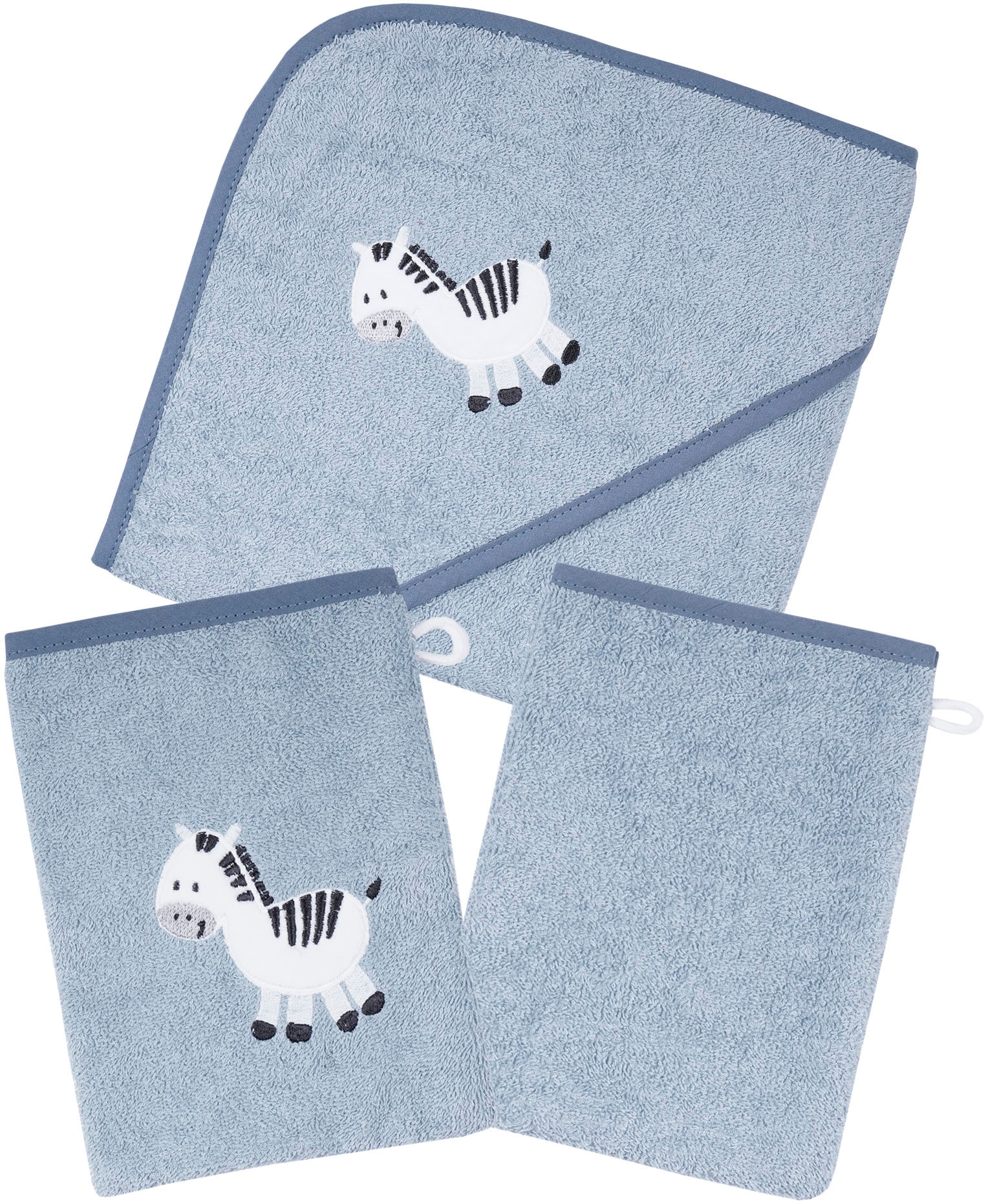 Wörner Handtuch Set »Zebra blau Kapuzenbadetuch mit 2 Waschhandschuhen«, (Spar-Set, 3 St.), mit süßer Zebrastickerei