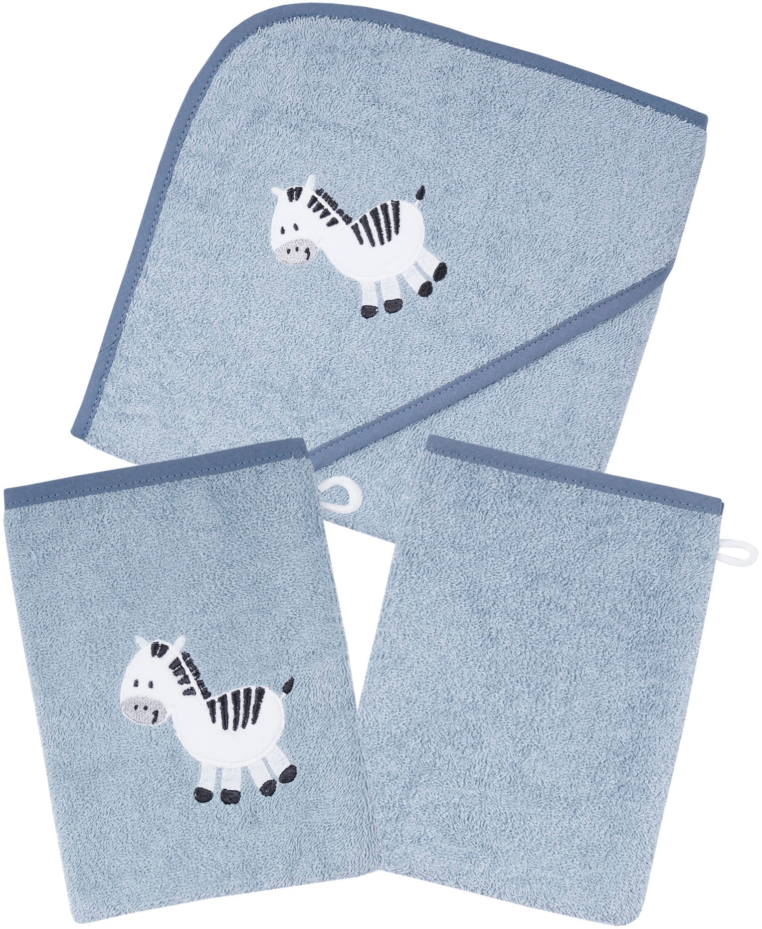 Wörner Handtuch Set "Zebra blau Kapuzenbadetuch mit 2 Waschhandschuhen", (Spar-Set, 3 St., Kapuzenhandtuch 80 x 80 cm-2x