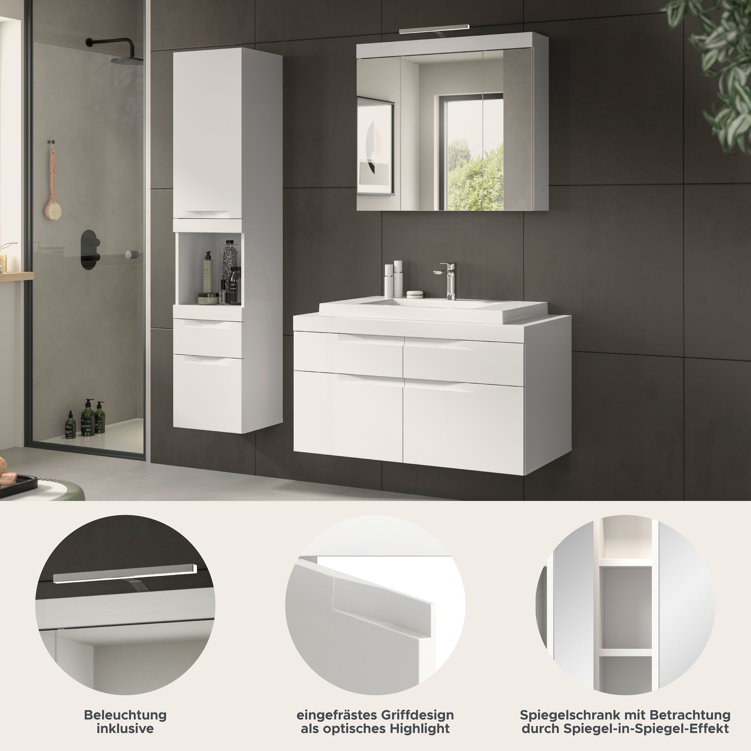 OTTO home Badmöbel-Set »MAOI, 3-tlg. Badkombi, hochwertige MDF Front, optional mit Beleuchtung«
