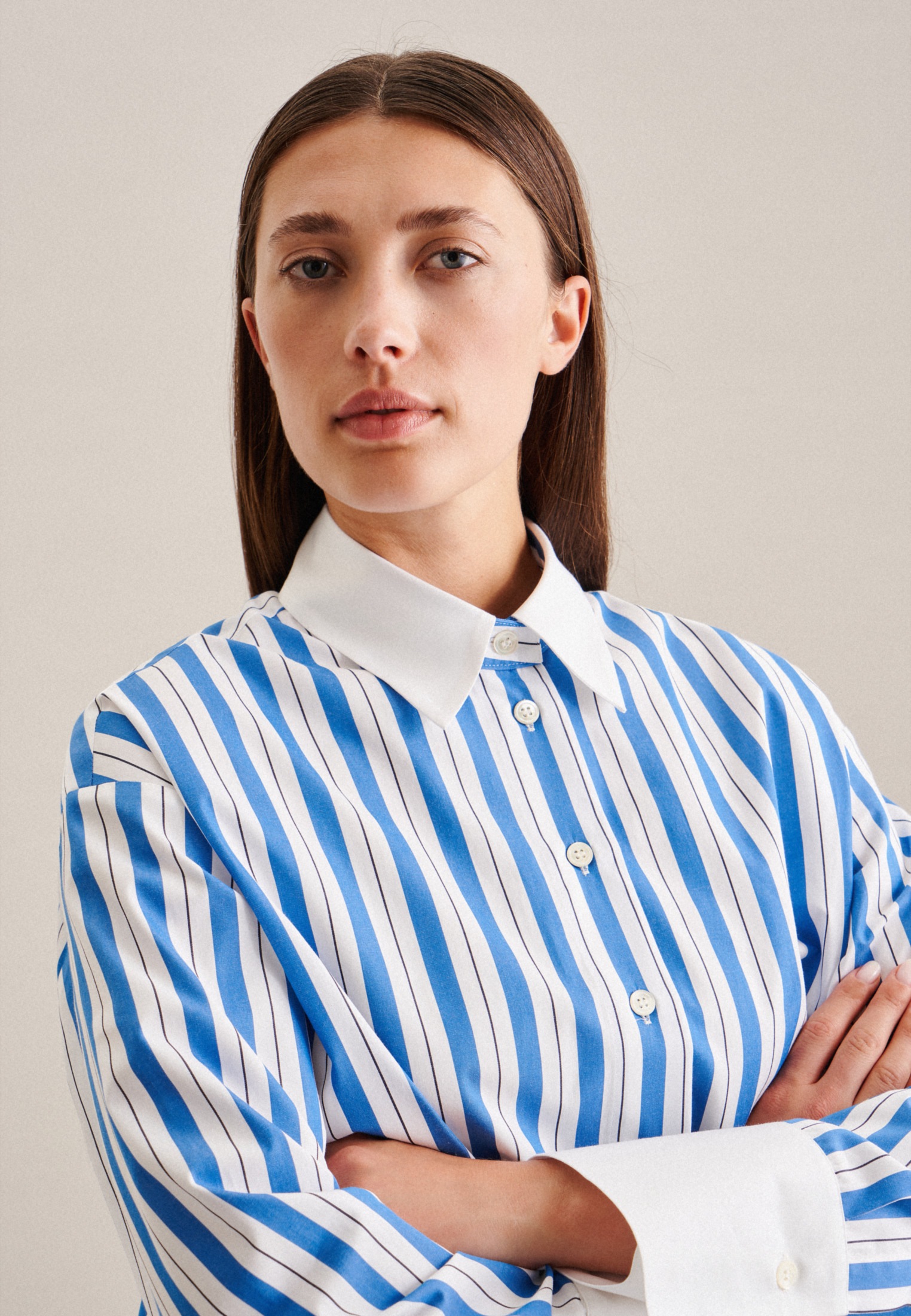 Thumbnail - seidensticker Longbluse "Schwarze Rose" Langarm Kragen Streifen