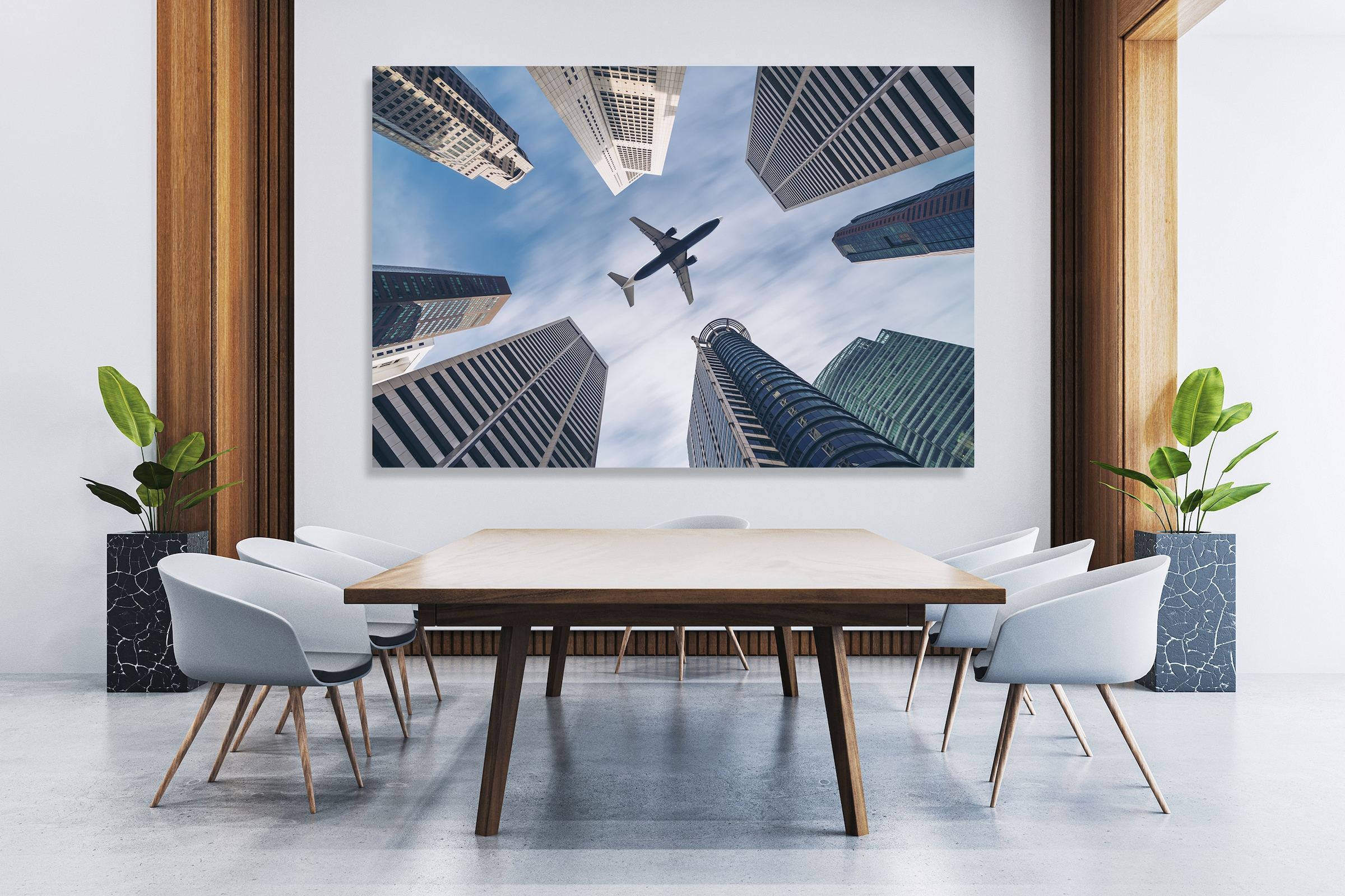 queence XXL-Wandbild "Akustikbild Flugzeug Wolkenkratzer" Architektonische günstig online kaufen