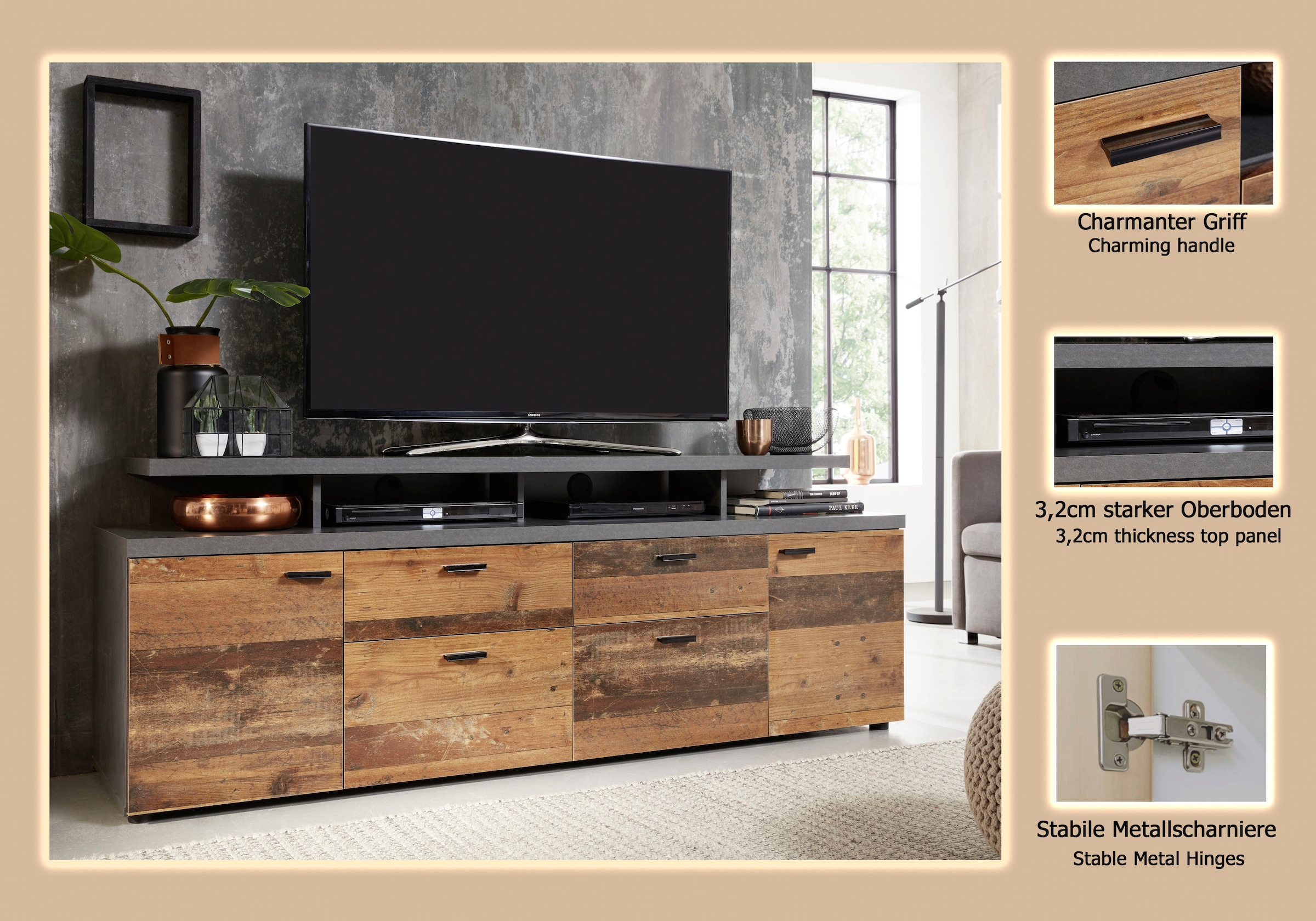 INOSIGN TV-Board »Messina«, (1 St.), TV-Lowboard mit Türen, Schubladen & Fächern - (B/T/H) 180/47/66 cm