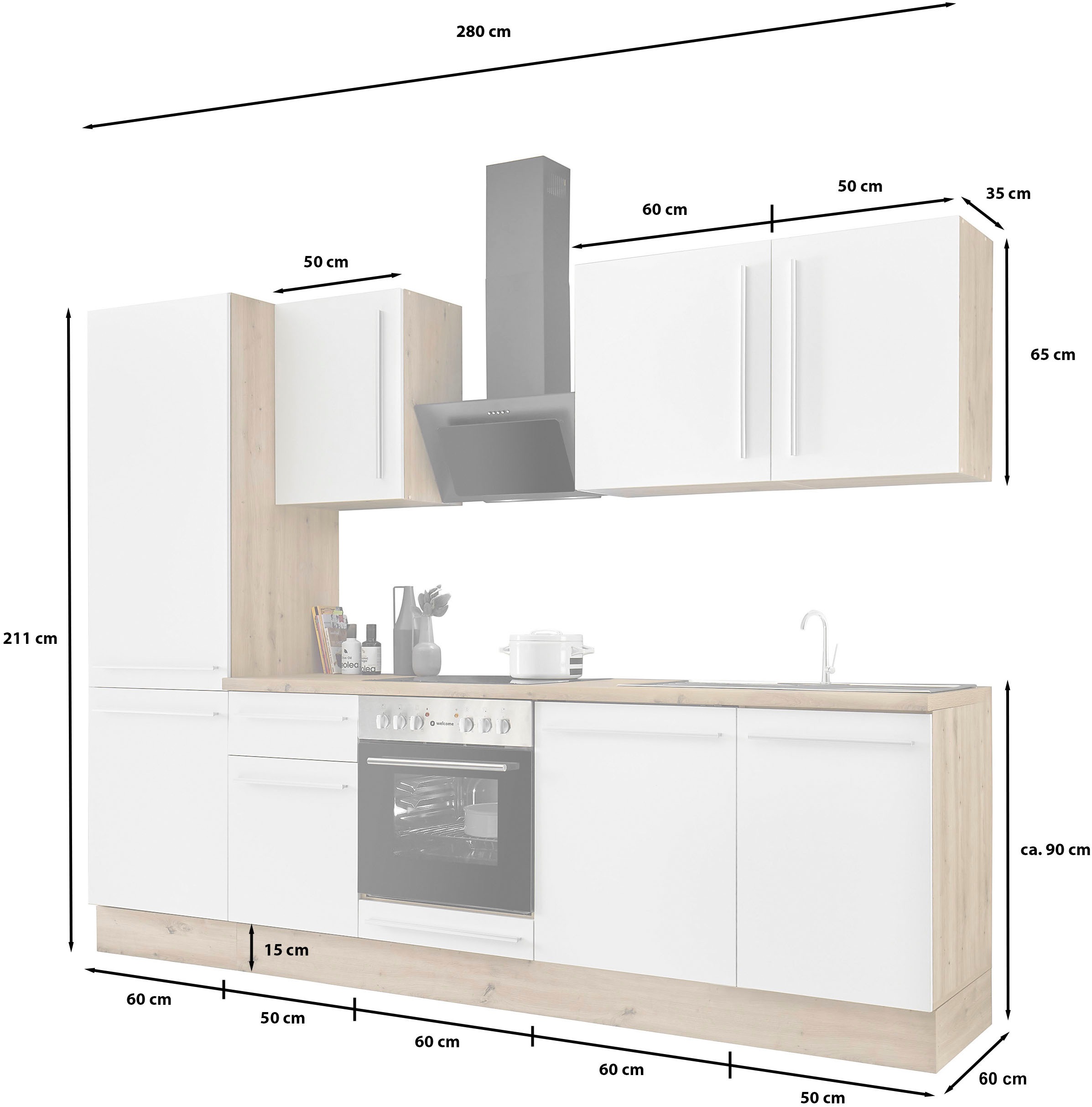 KOCHSTATION Küchenzeile »KS-Florida mit 38mm starker Arbeitsplatte«, Breite 280 cm, wahlweise mit E-Geräten, Soft-Close-Funktion