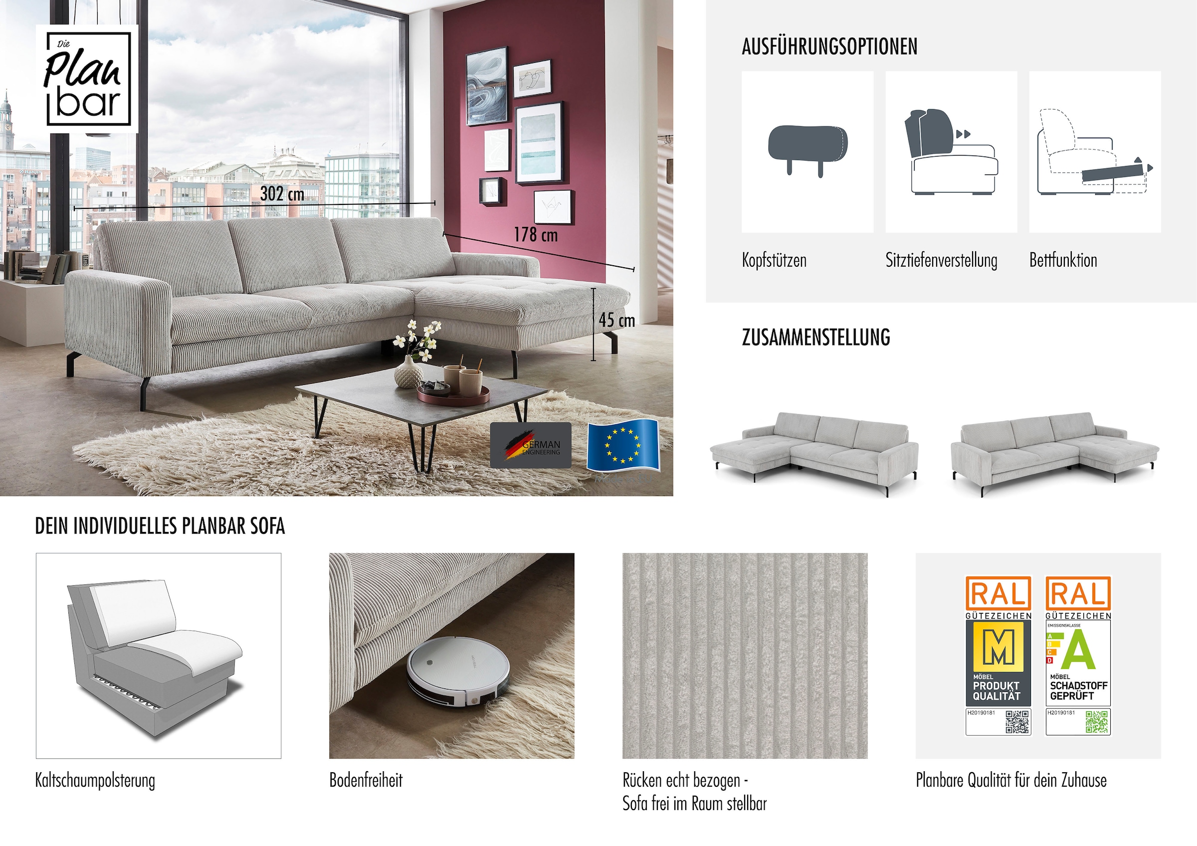 Die PlanBar Ecksofa »MP-IN20110 L-Form mit Kaltschaum-Polsterung«, optional mit Funktionen erhältlich