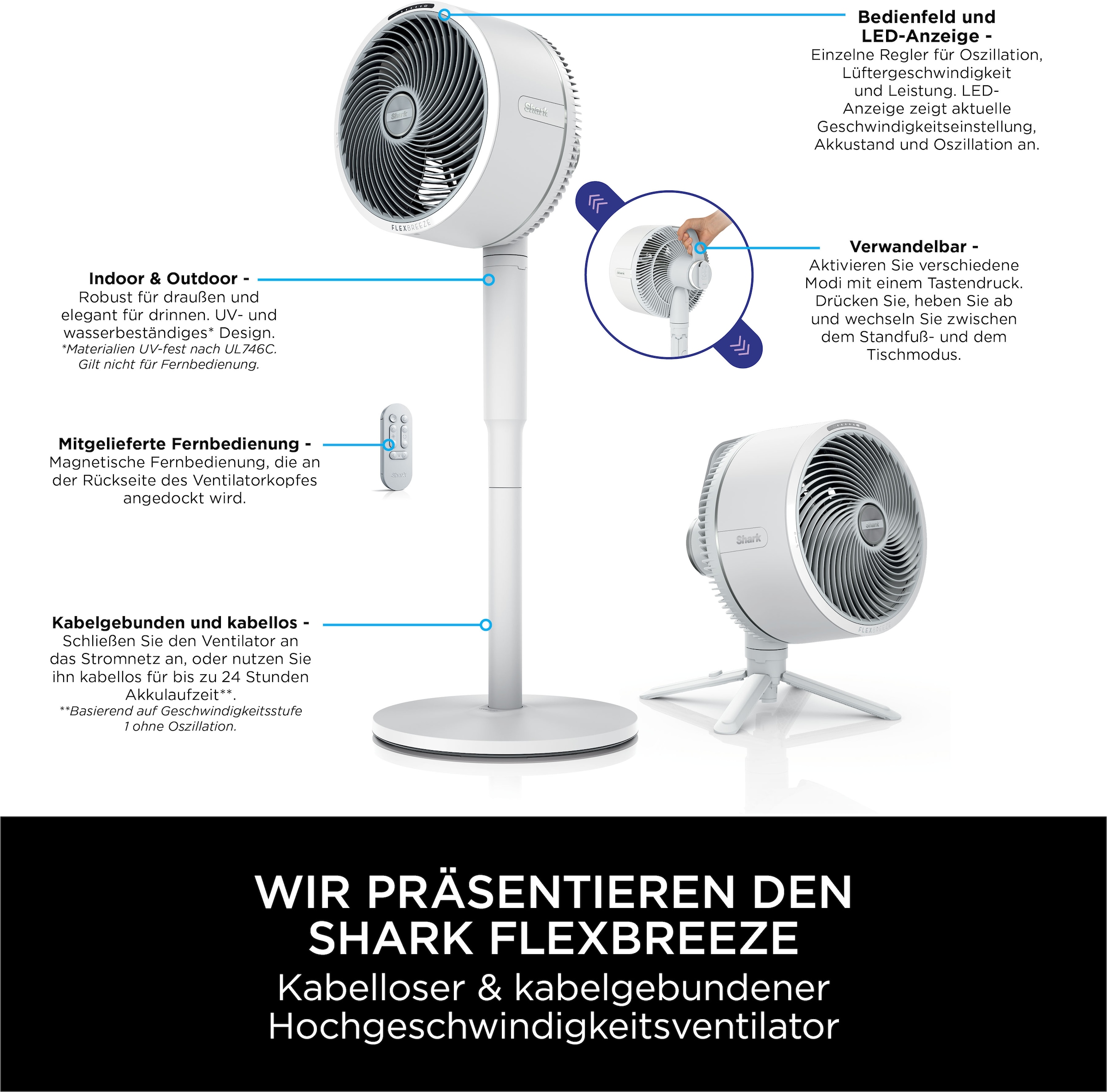 Shark Akku-Standventilator »FlexBreeze FA220EU«, 28,7 cm Durchmesser, Flüsterleiser Ventilator kabelllos & kabelgebunden einsetzbar