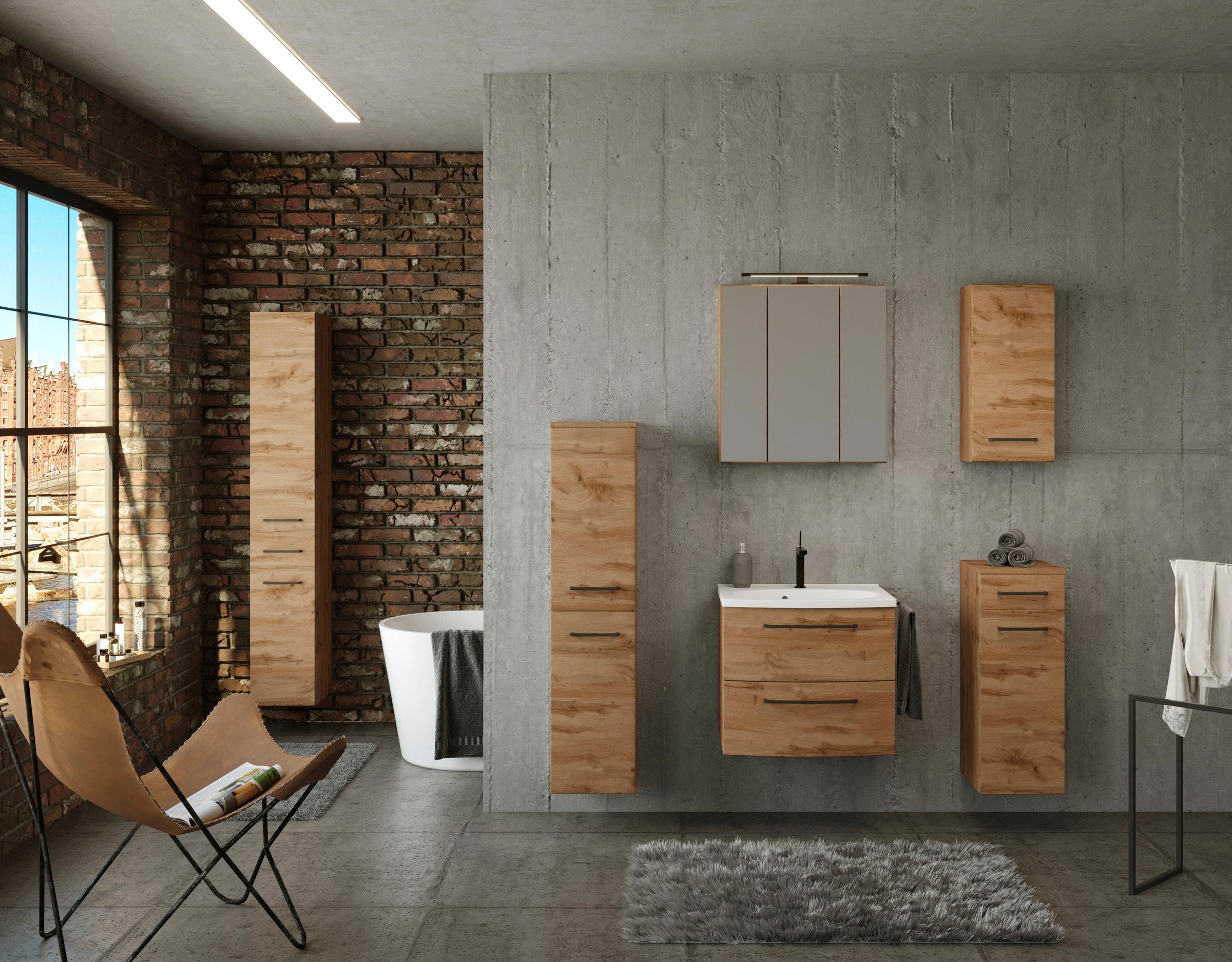 welltime Badmöbel-Set »Chicago«, (5 St., Spiegelschrank, Waschtisch, Hängeschrank, Unterschrank, Midischrank)