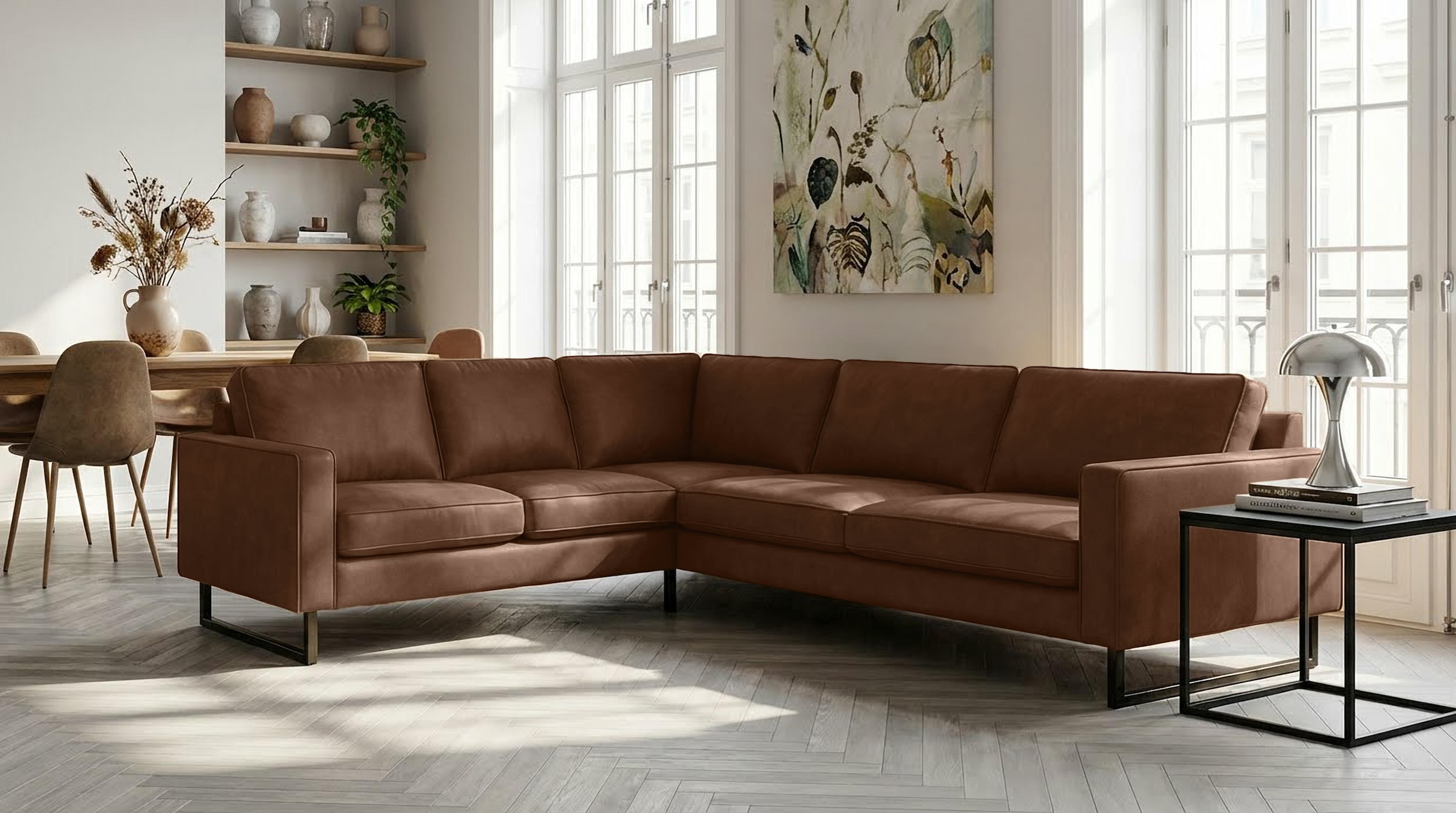 OTTO home Ecksofa "Pinto, XXL, 250/290 cm, langer Schenkel, Ottomane" Cord, Chenille, Lederoptik, mit Keder, Metallfüße, Wellenunterfederung