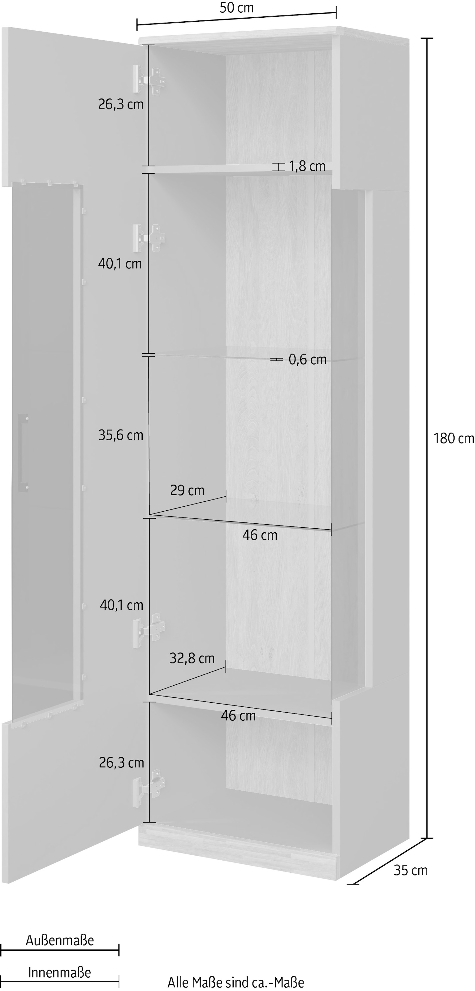Home affaire Vitrine »Ribe,180cm hoch,5 Fächer,2 Glasböden variabel einsetzbar«, Oberplatte Eiche massiv,dunkles Glas, schwarze Metall Griffe