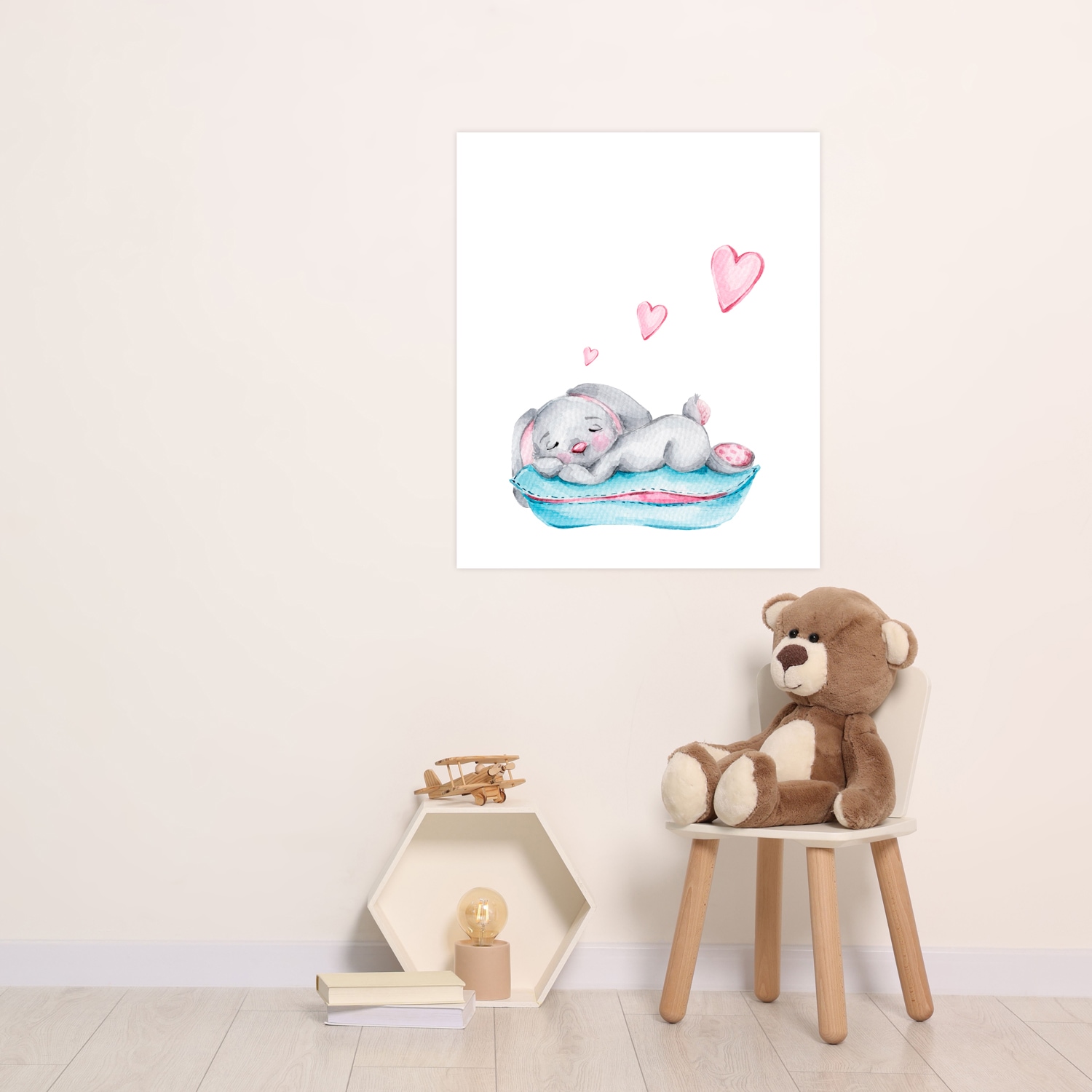 Lüttenhütt Bild mit Rahmen "oder Poster, Schlafender Hase mit Herzen" Fantasy Herz Herzen Tiere 1 Stk. tlg. HD Premium Druck