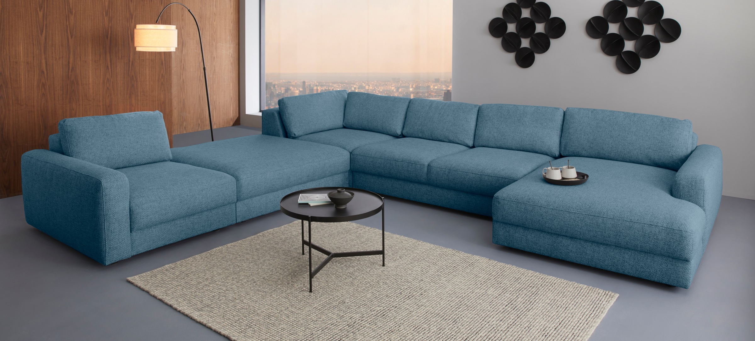 Wohnlandschaft HOME AFFAIRE "Bloomfield, Mega Polsterprogramm, Breite 405cm, viel Platz, U-Form", blau (tepestry), B:405cm H:84cm T:224cm, 100% Polyester, Sofas, Wohnlandschaft, mit extra tiefer Sitzfläche, wahlweise mit Sitztiefenverstellung 3