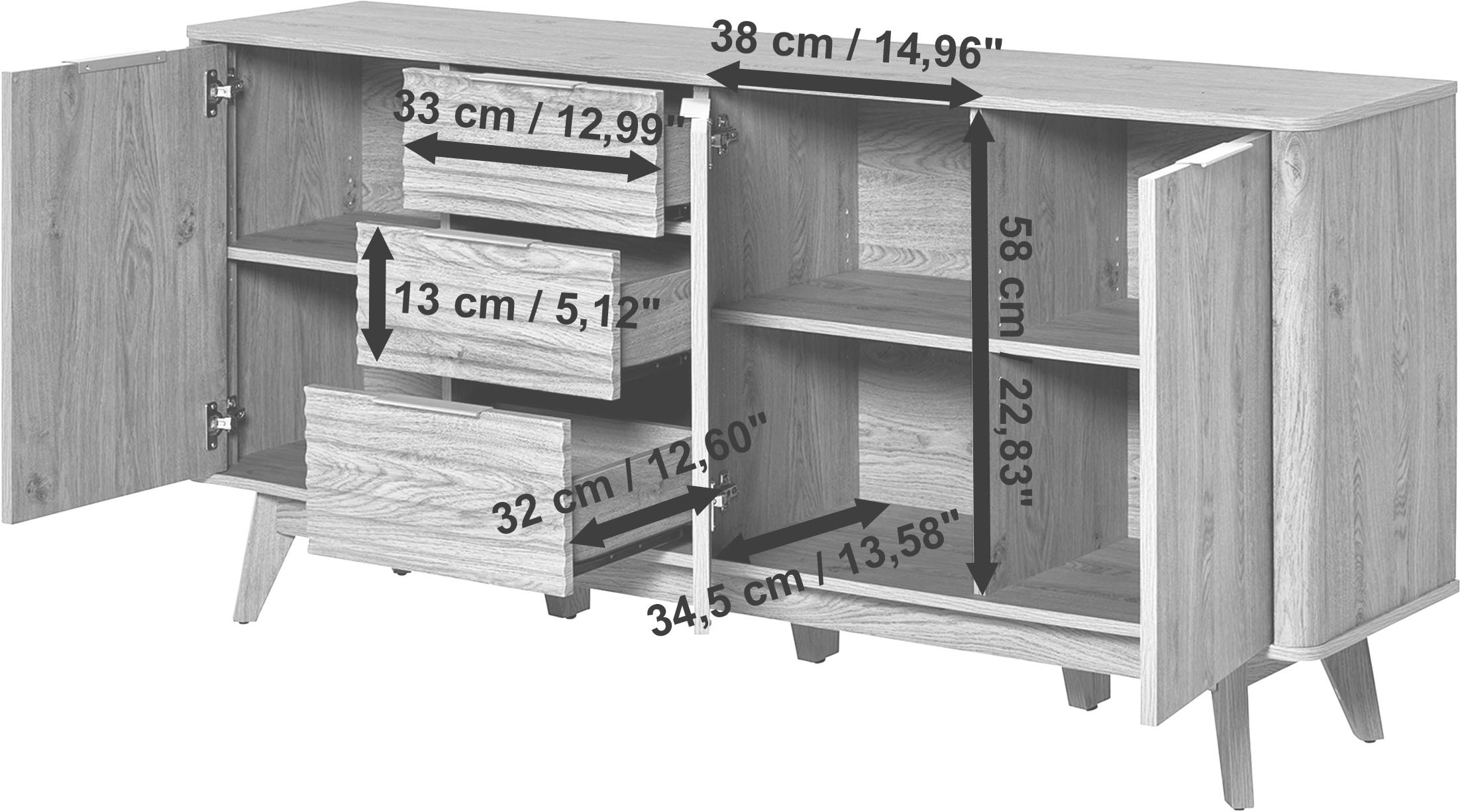 Jahnke Sideboard »WAVE SB 170«, (1 St.), Sideboard, 3 Schubladen + 3 Türen, Wellendesign, Breite 169,5 cm