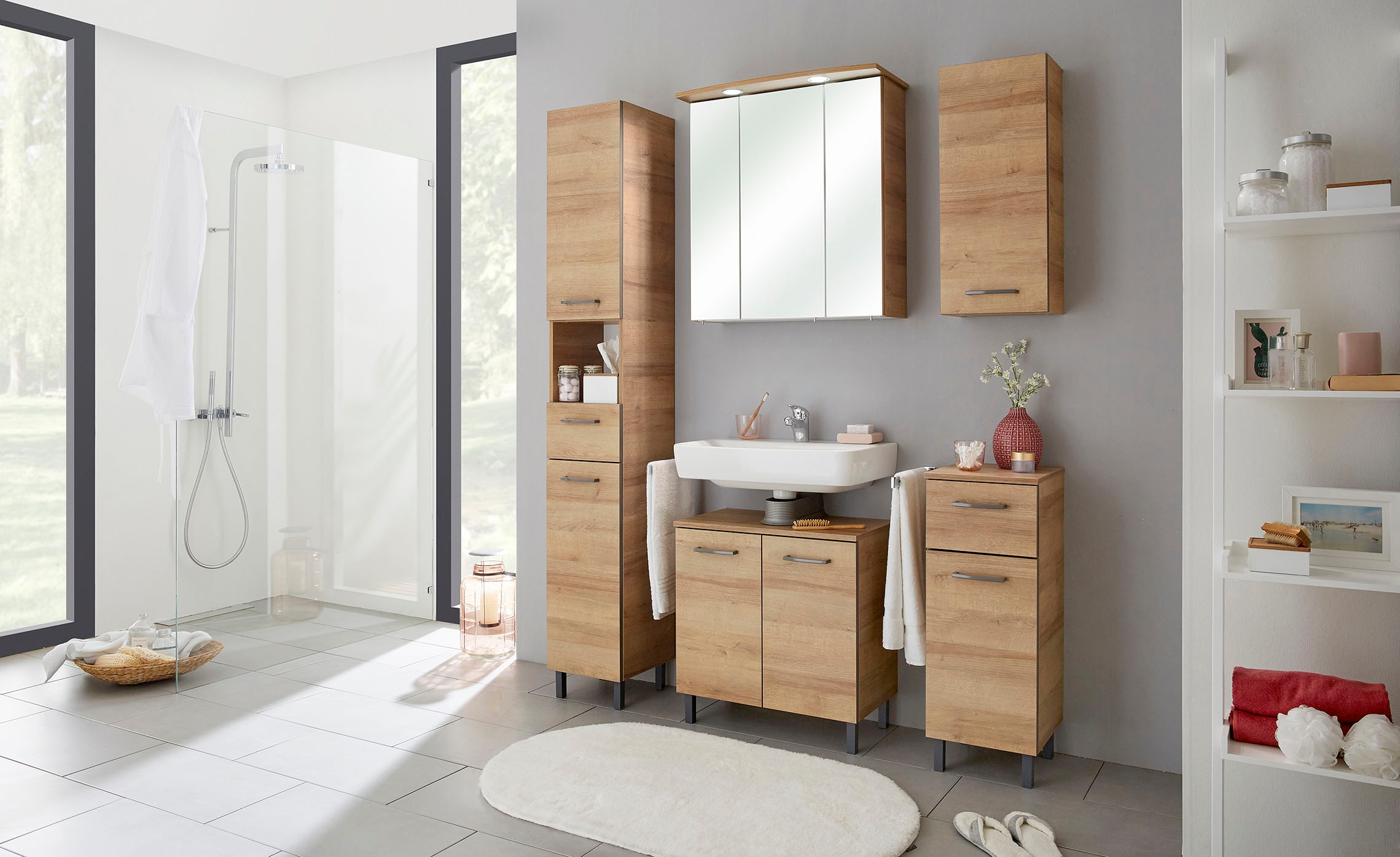 Saphir Hängeschrank »Quickset 919 Badschrank 30 cm breit mit 1 Tür und 2 Glas-Einlegeböden«, Badezimmer-Hängeschrank inkl. Türdämpfer, Griffe in Grau