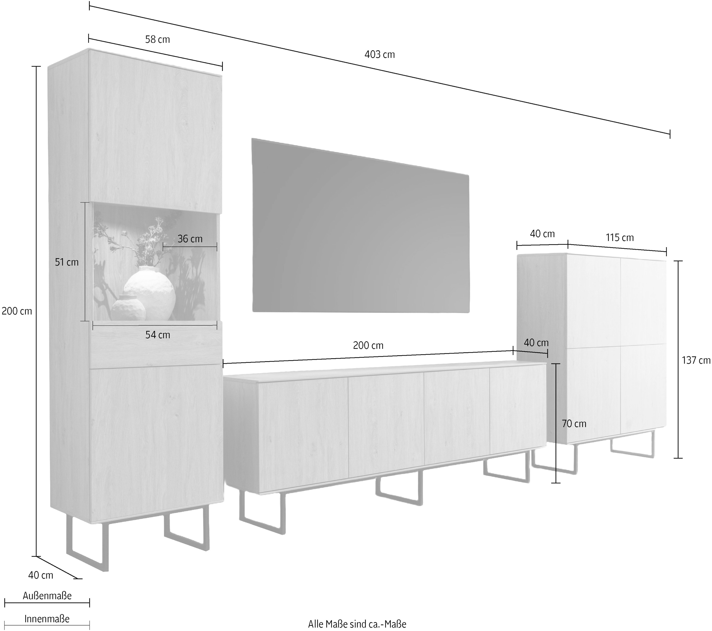 Home affaire Wohnwand »Lund, moderne Anbauwand, Wohnzimmer-Set in Stone Oak«, (3 St.), enthält Vitrine, Lowboard und Higboard