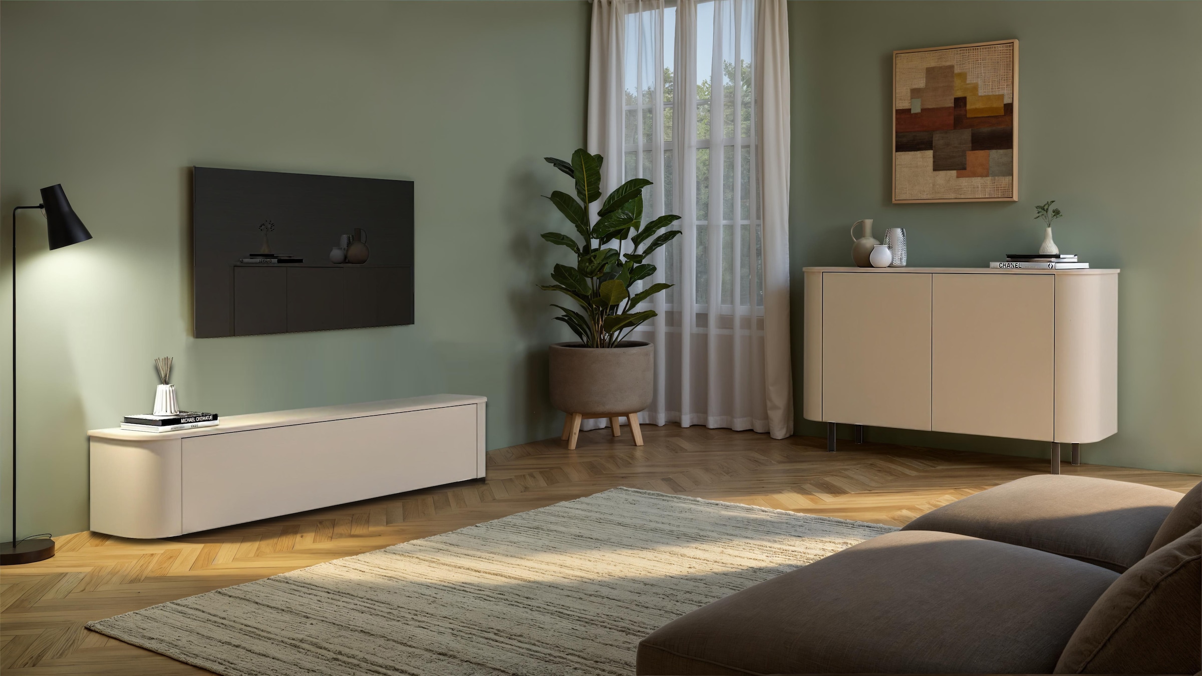 INOSIGN Lowboard »Lido, 181 cm breit, 1 Klappe, TV-Schrank, TV-Kommode, Medienboard« Formgebogenes MDF, Stirnseiten Rundung, Push-to-open, hängend/stehend