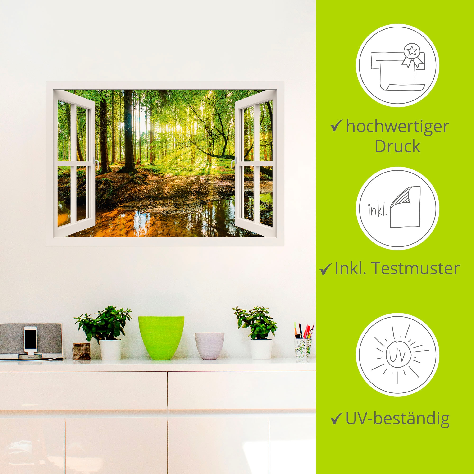 Artland Wandbild »Fensterblick - Wald mit Bach«, Wald, (1 St.), als Leinwandbild, Poster, Wandaufkleber in verschied. Größen