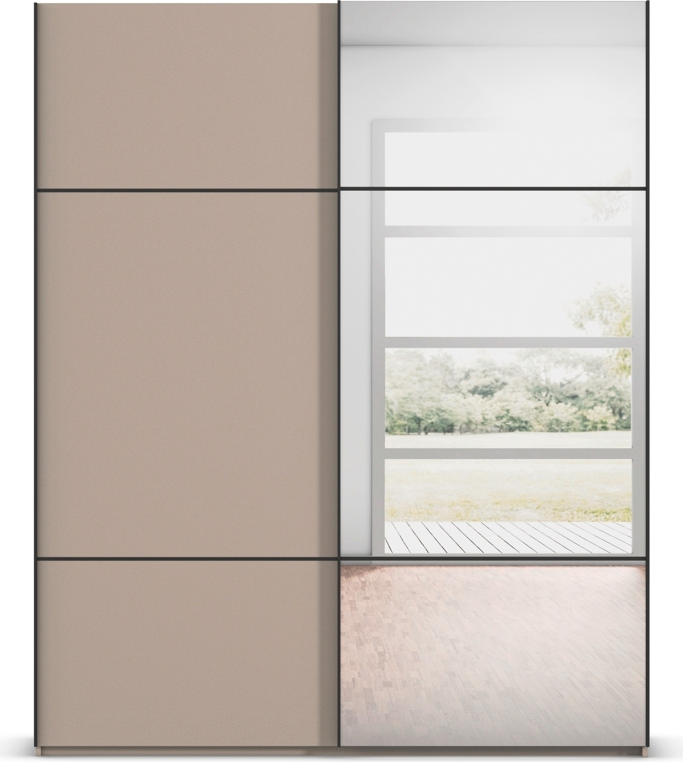 rauch Schwebetürenschrank »Kleiderschrank Schrank Garderobe Schlafzimmerschrank SCALE-TRIO«, edle dreigeteilte Front mit 2 Zierleisten und Spiegel MADE IN GERMANY