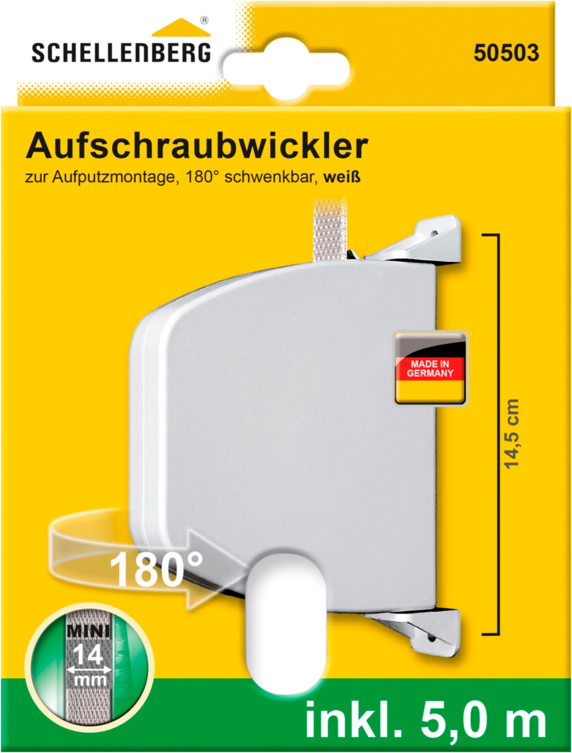 SCHELLENBERG Aufputz-Gurtwickler »Aufschraubwickler für das Rollladensystem Mini,«, (1 tlg.), schwenkbar, mit vormontiertem Rollladengurtband, braun oder weiß