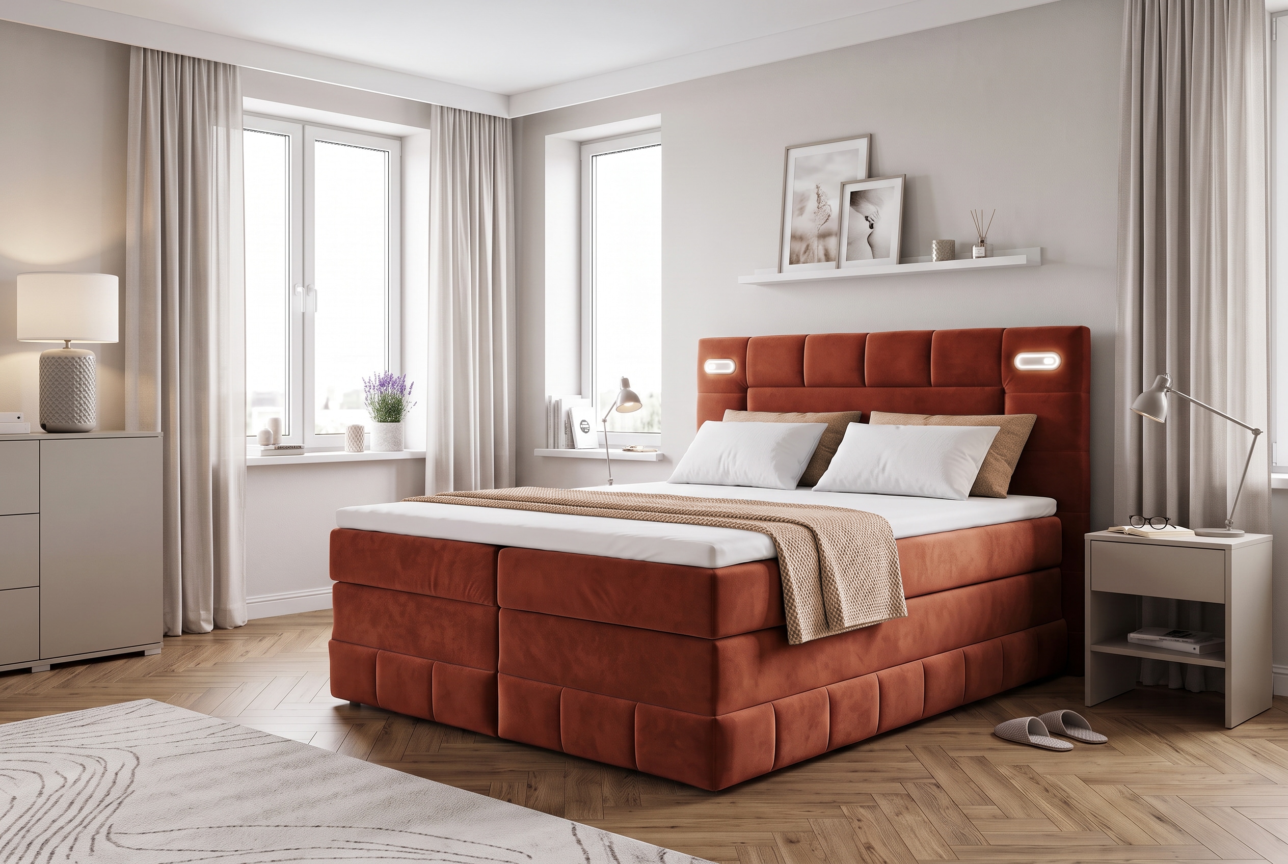 OTTO home Boxbett "PHILIPPA, Polsterbett mit Bettkasten, mit Taschenfederkernmatratze H3" mit Kaltschaum-Topper, Microfaser-Bezug, wahlweise mit LED-Beleuchtung