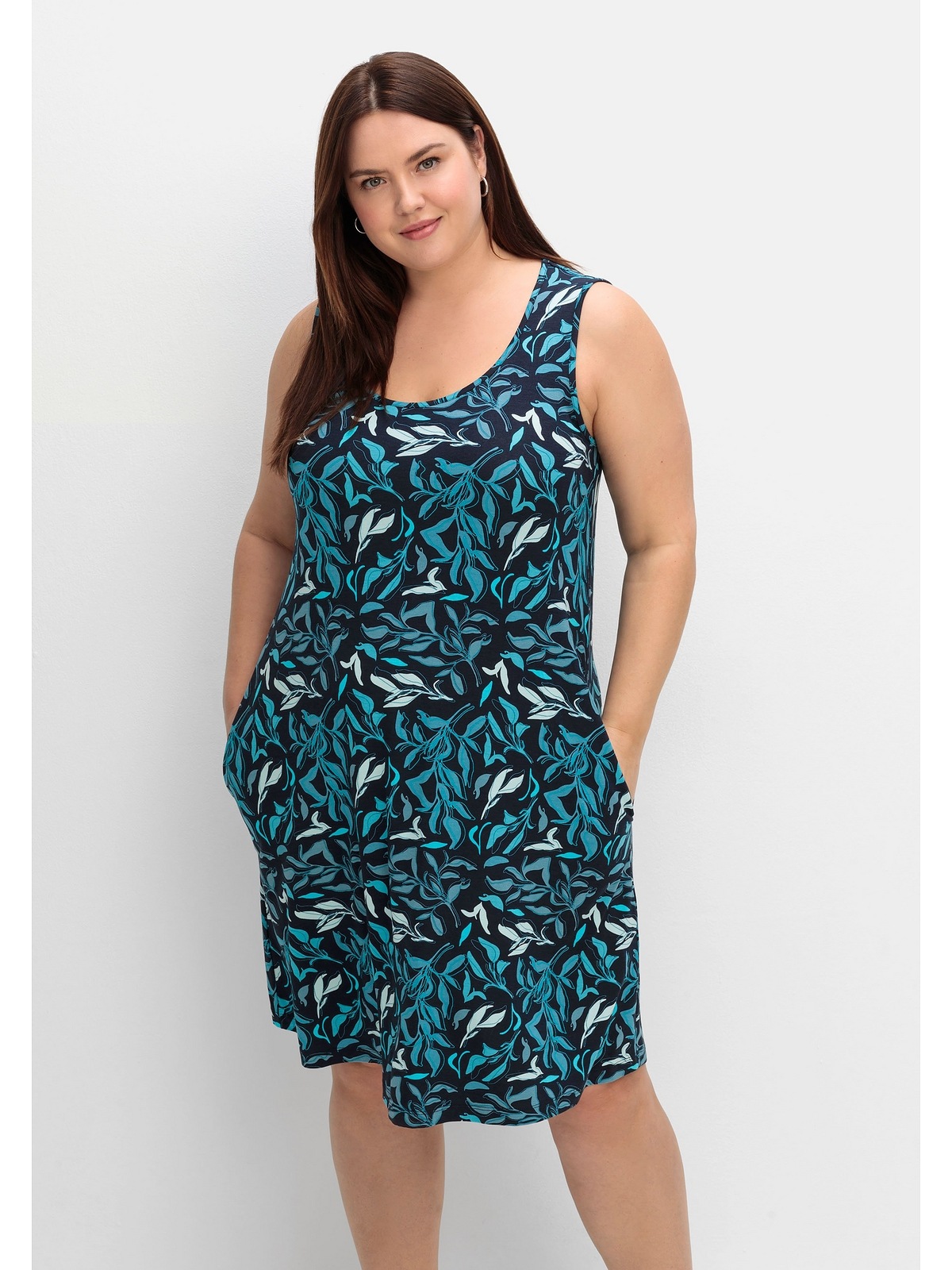 Sheego Jerseykleid »Große Größen«, mit Blätterprint und Taschen